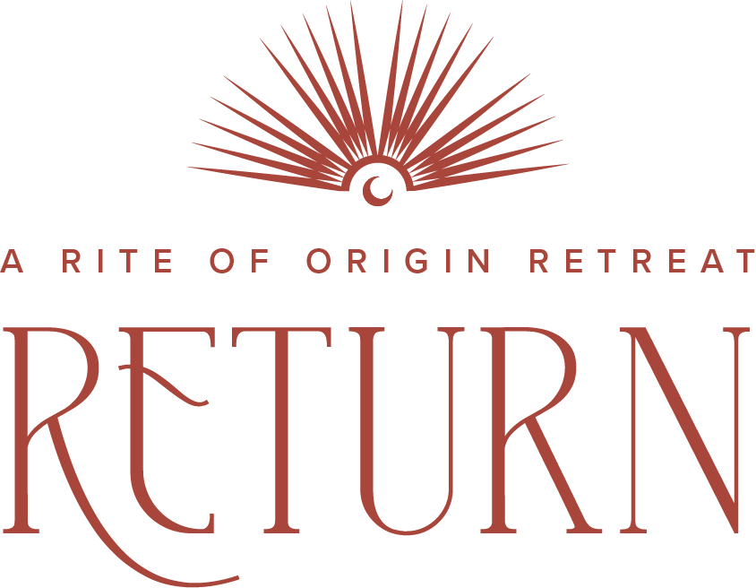Logo for 'A RITE OF ORIGIN RETREAT' featuring a stylized sunrise with rays and a crescent moon.