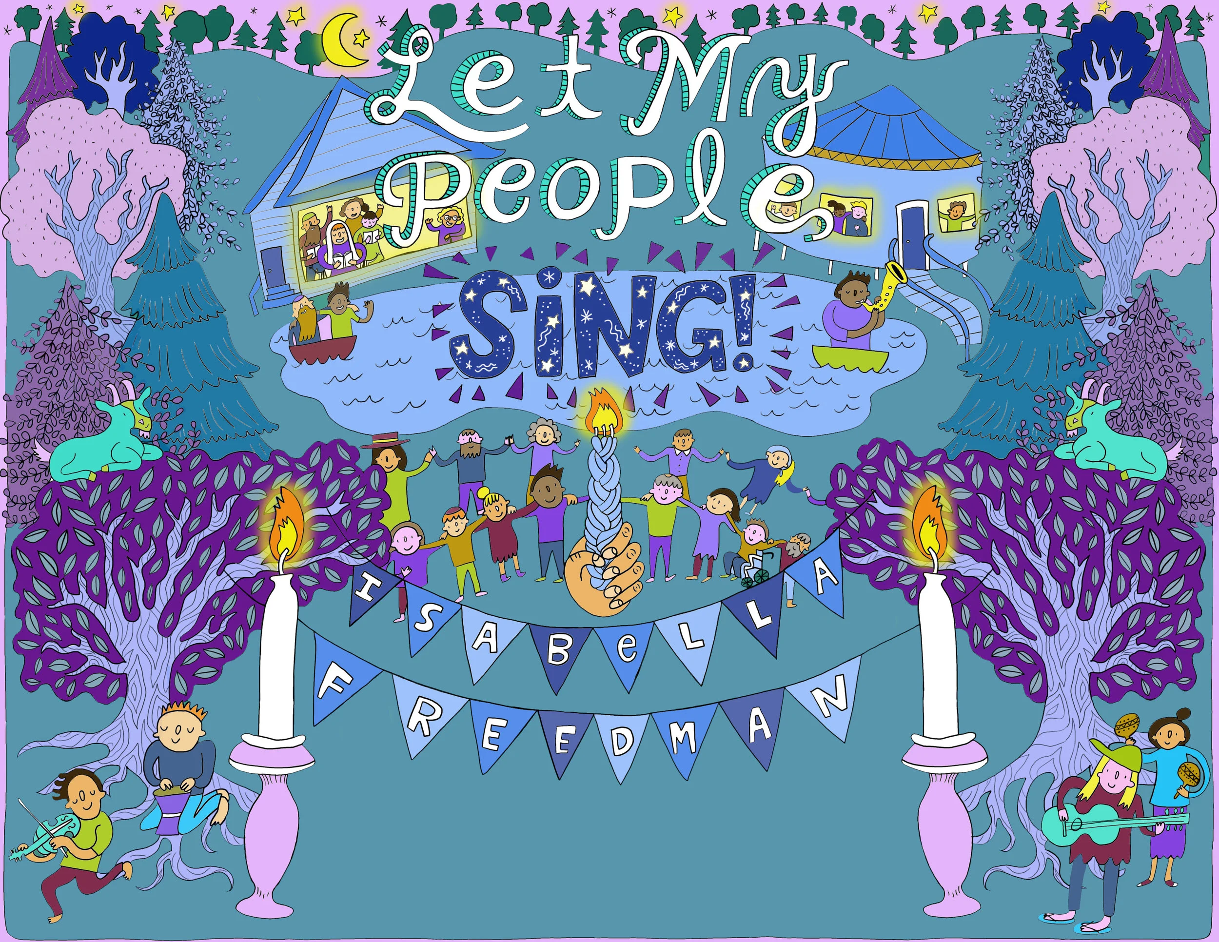 An illustration of a Let My People Sing summer retreat in various blues, pinks, and purples. There are people singing in cabins and tents, in boats in a lake smiling and playing instruments, and gathered in front of the lake, arm in arm