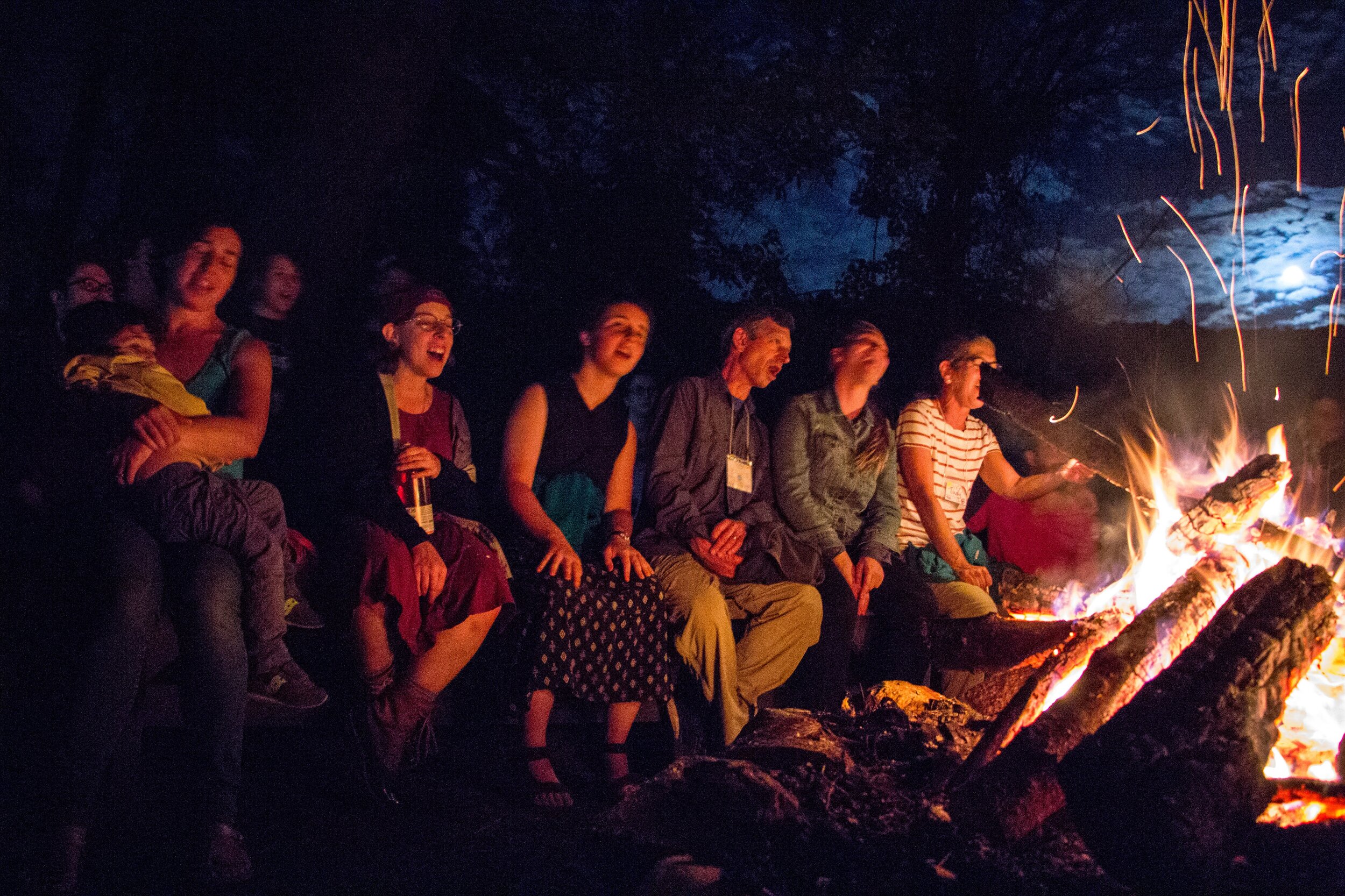A group sits by a roaring fire, singing in the moonlight