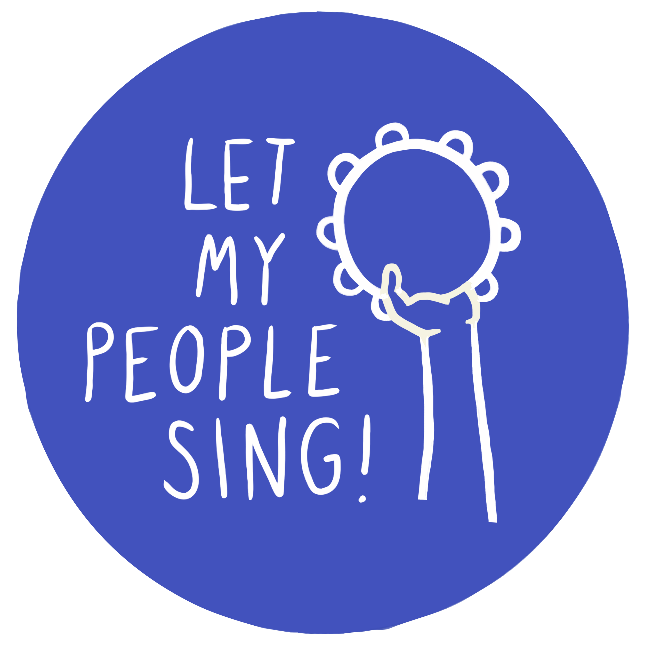 The Let My People Sing logo, surrounded by an indigo circle, with a drawing of a hand holding up a tambourine