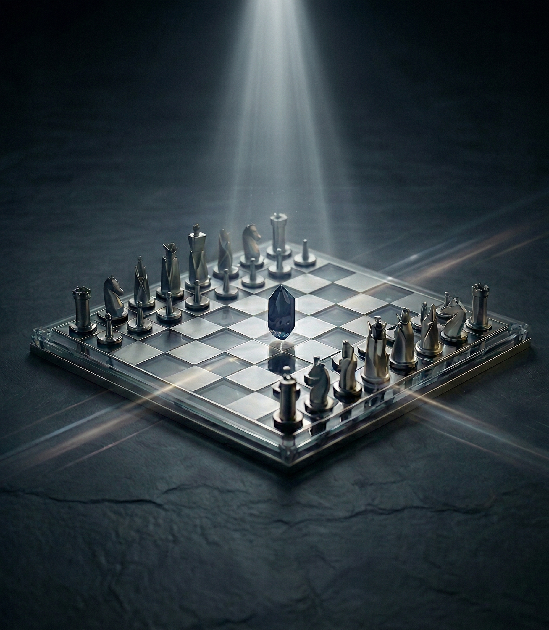 A chessboard with futuristic metallic chess pieces and a blue gemstone in the center, illuminated by a spotlight.