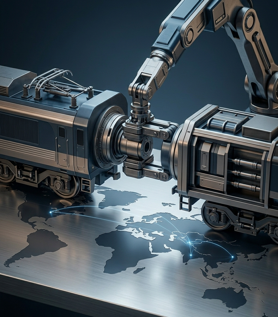 A robotic arm connected to machinery is working on a metallic world map, with lines of light connecting different locations across the globe.