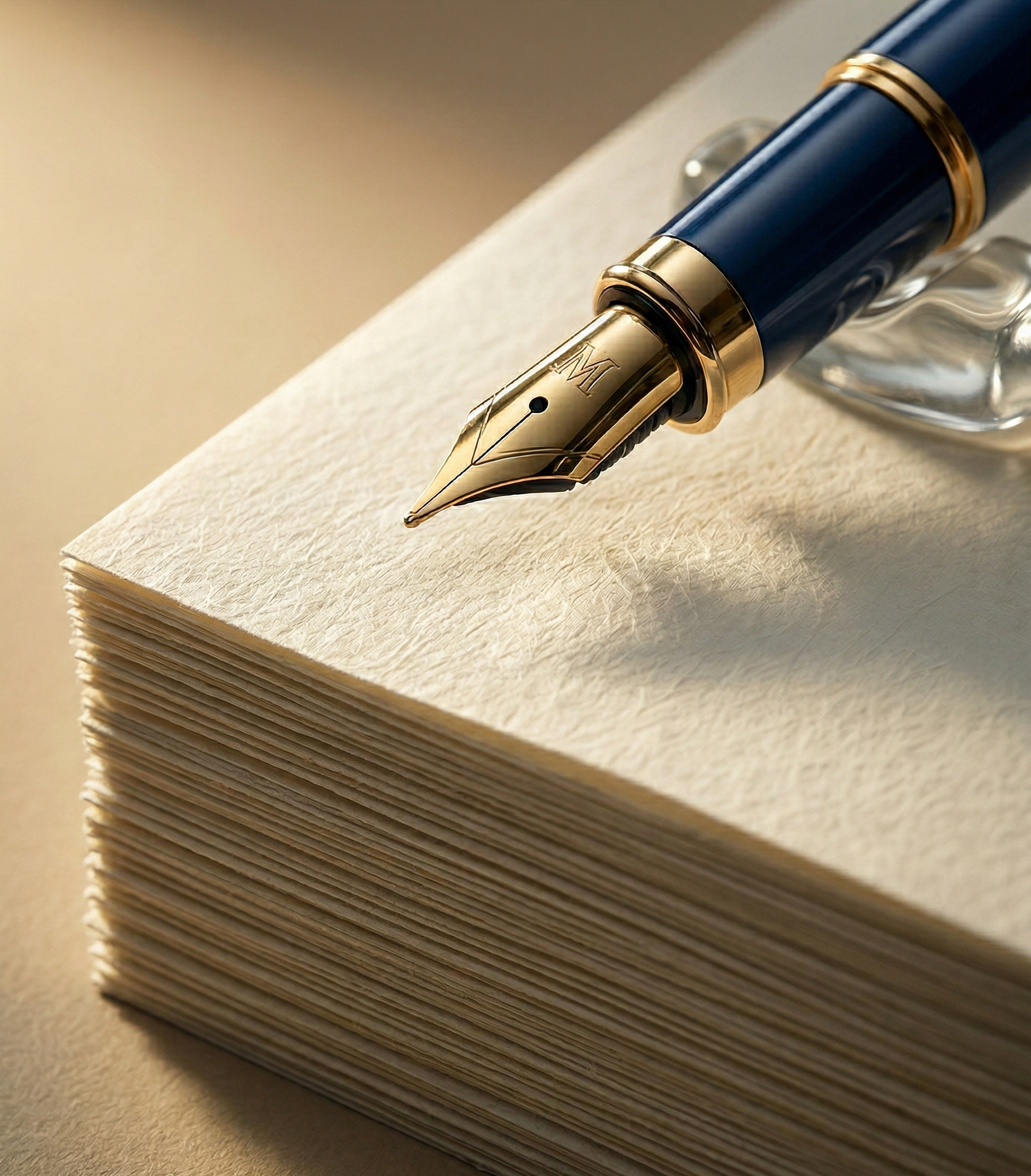 Close-up of a fountain pen resting on a textured stack of paper or parchment.