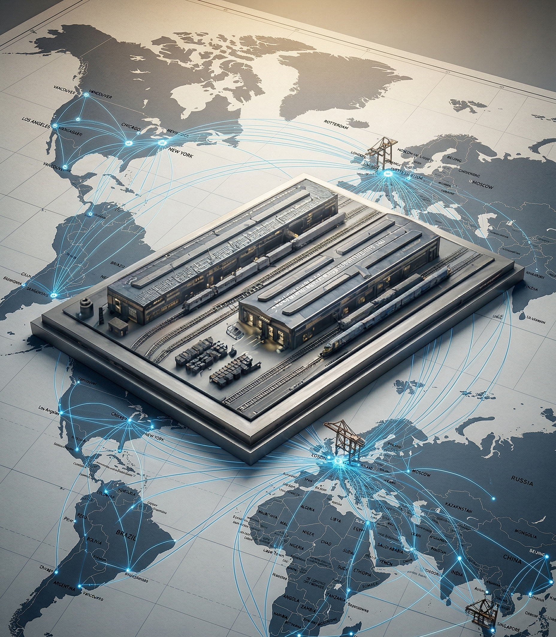 A detailed scale model of a freight train on a world map with digital lines connecting major cities worldwide.