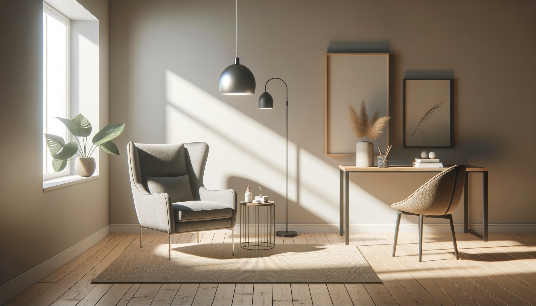 A minimalist living room with a large window, a gray armchair, a small side table with bottles, a tall floor lamp, a desk with a vase and books, and wall art, illuminated by natural light.