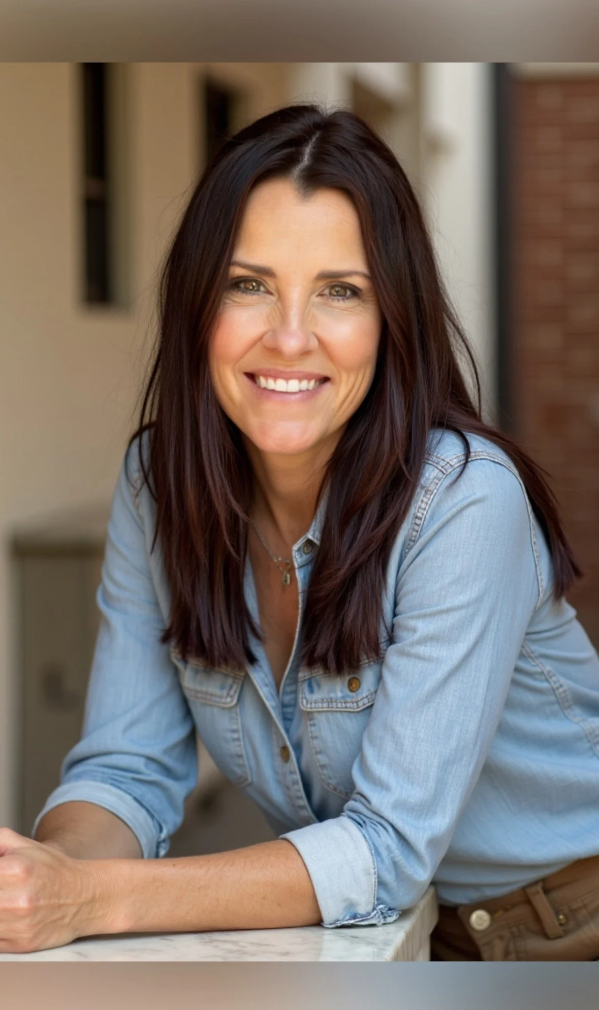 A woman with long dark hair and light skin smiling while leaning on a counter, wearing a light denim shirt.