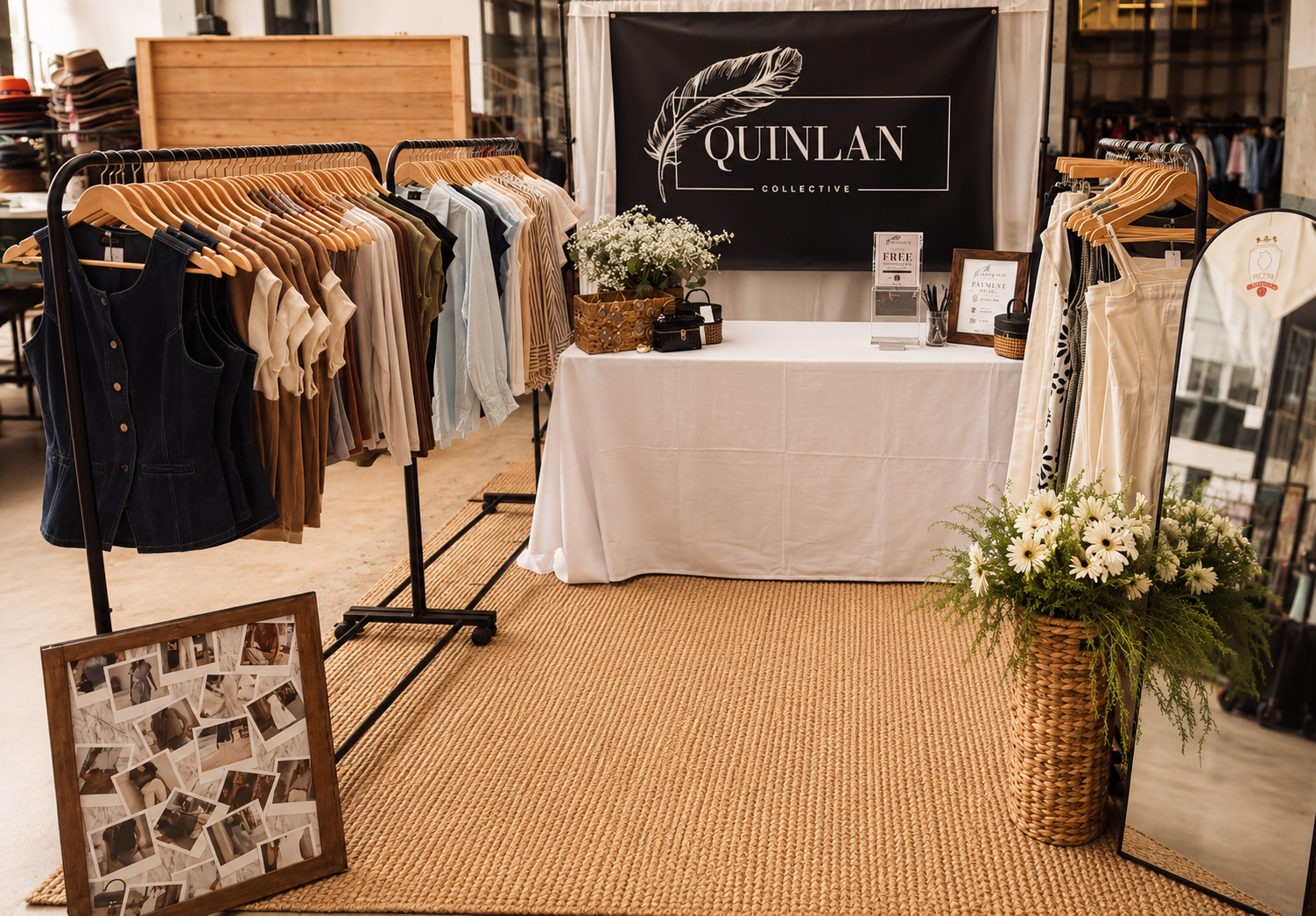 Clothing display at Quinlan Collective boutique, with racks of women's apparel, a table with accessories and flower arrangements, and a large sign with a feather logo.