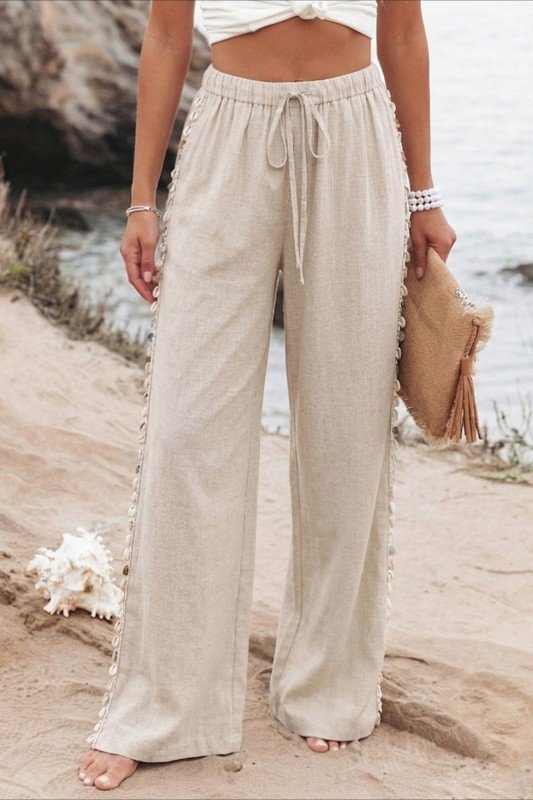 Beige Boho Drawstring Wide Leg Pants with Shell Trim.jpg