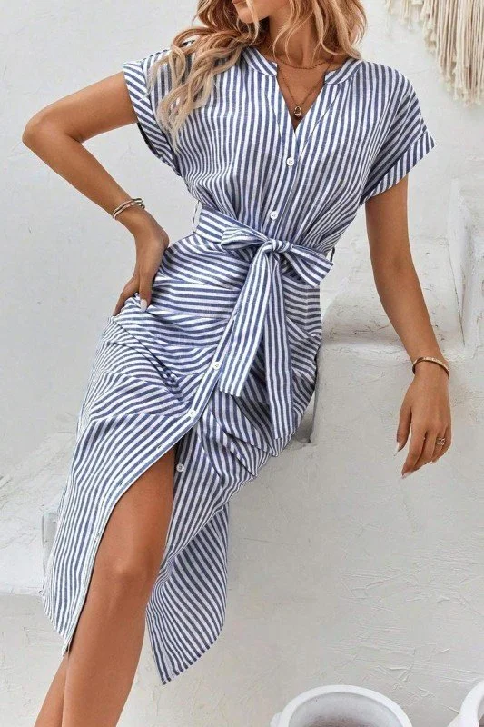 Blue Striped Button Up Dress