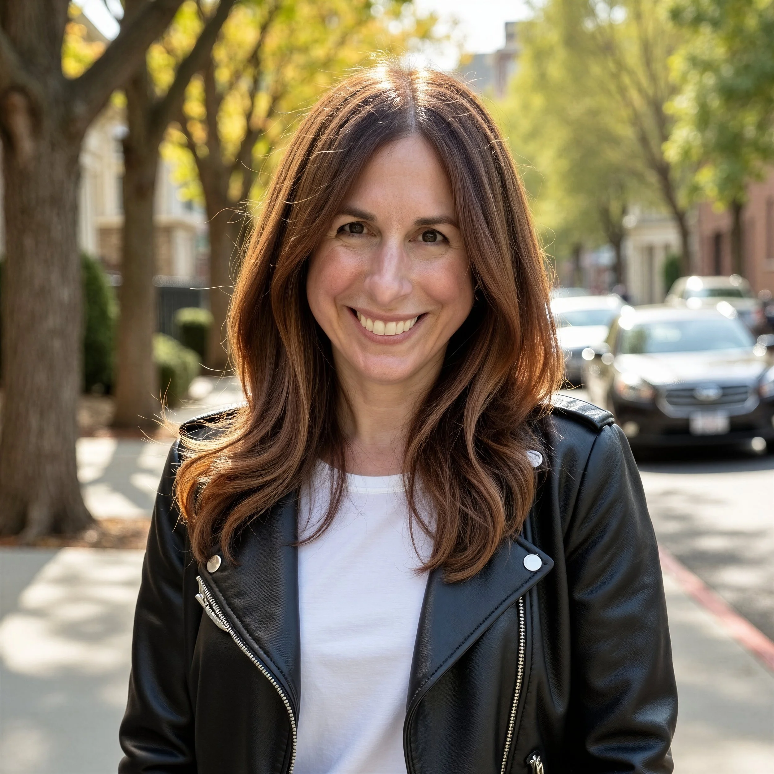 Close-up of a smiling woman with long brown hair, wearing a white shirt and black leather jacket, standing outdoors with trees and parked cars in the background.