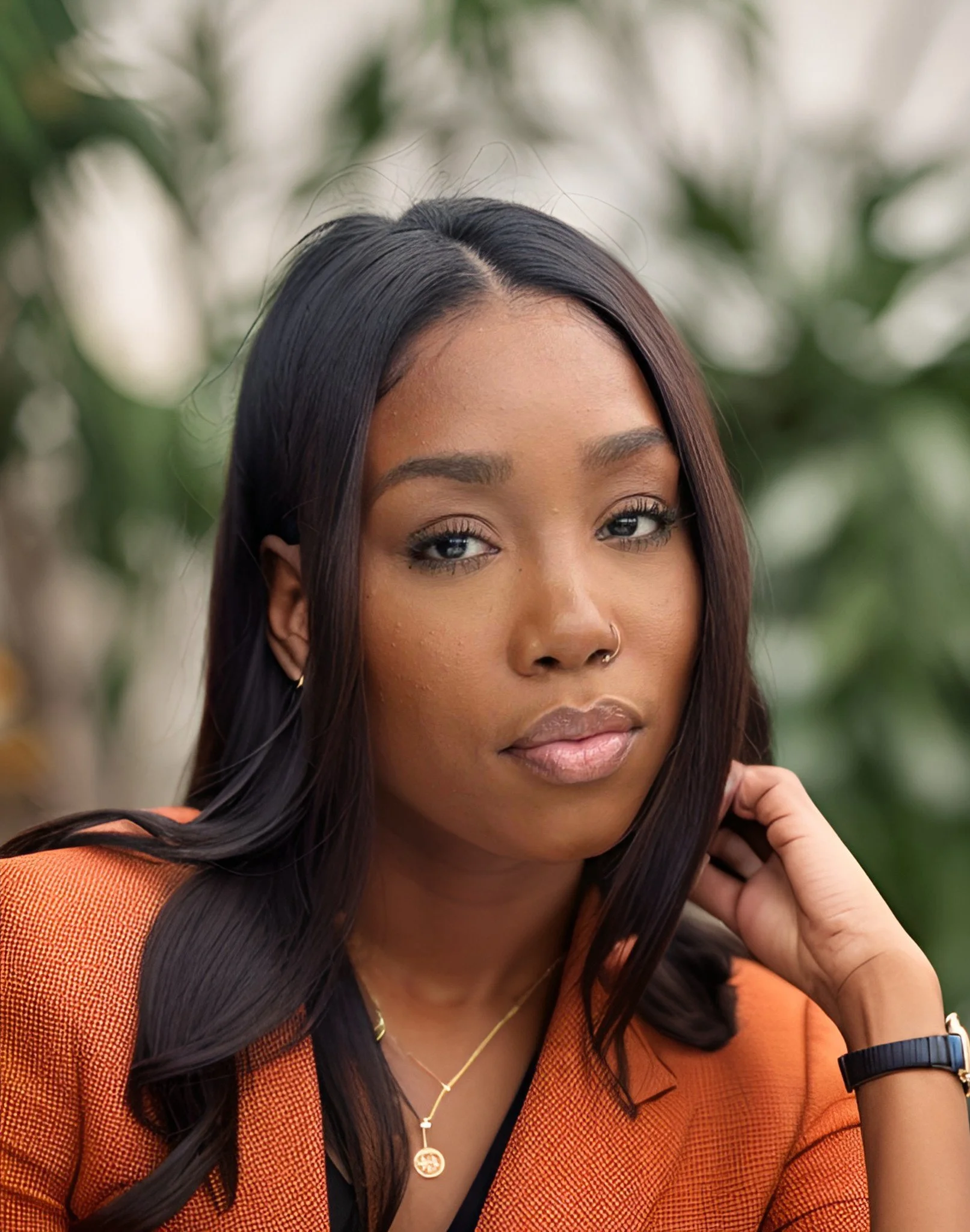A young woman with dark hair, wearing an orange blazer, gold necklace, and watch, poses outdoors with a blurred natural background.