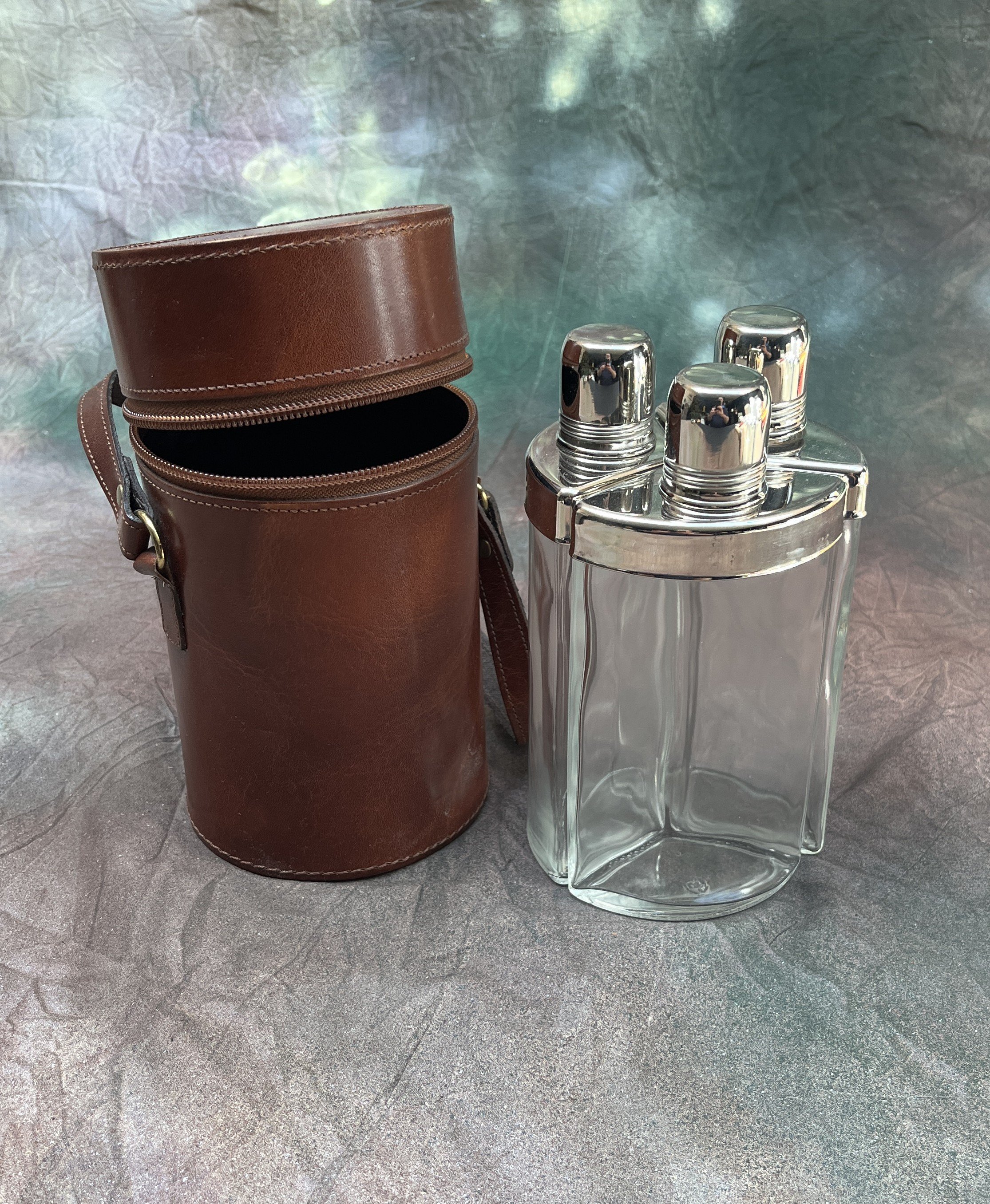 Triple Set of Glass Flasks with Leather Hide Container. Made in England