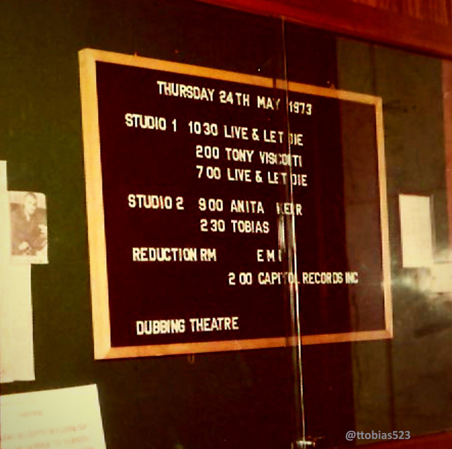 The reception board at Air Studios in 1973 in London, UK, showing Ken in Studio 2 and Live & Let Die in Studio 1. George Martin and Sir Paul McCartney were recording the London Symphony Orchestra for the soundtrack. Paul would drop by Ken's sessions.