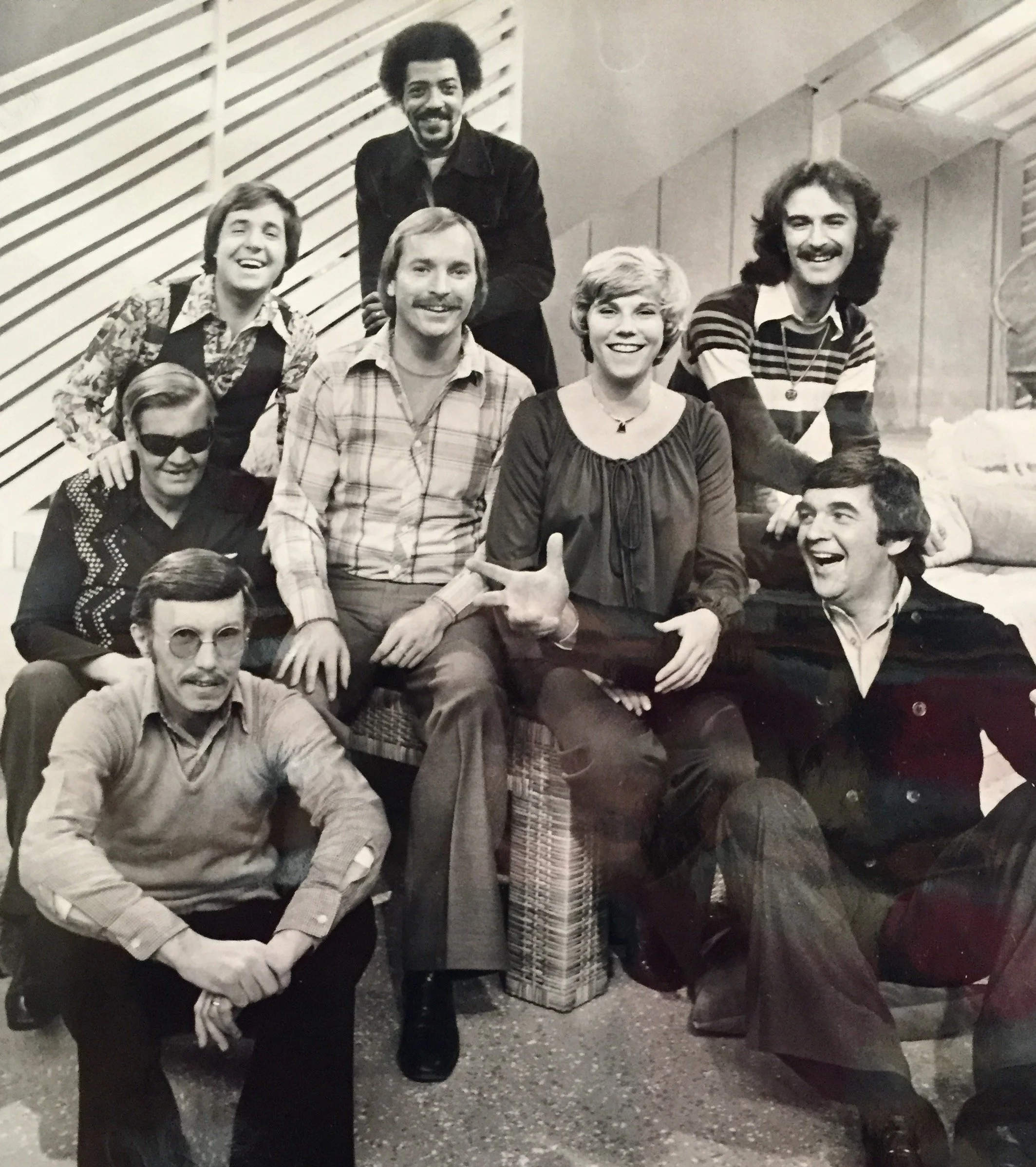 Some cast members of Singalong Jubilee. Davey Wells at the top. L-back John Allan Cameron, R-back Ken Tobias, 2nd row L: Fred McKenna, (?), Anne Murray, F-L: Gene MacLellan, F-R: Bill Langstroth.