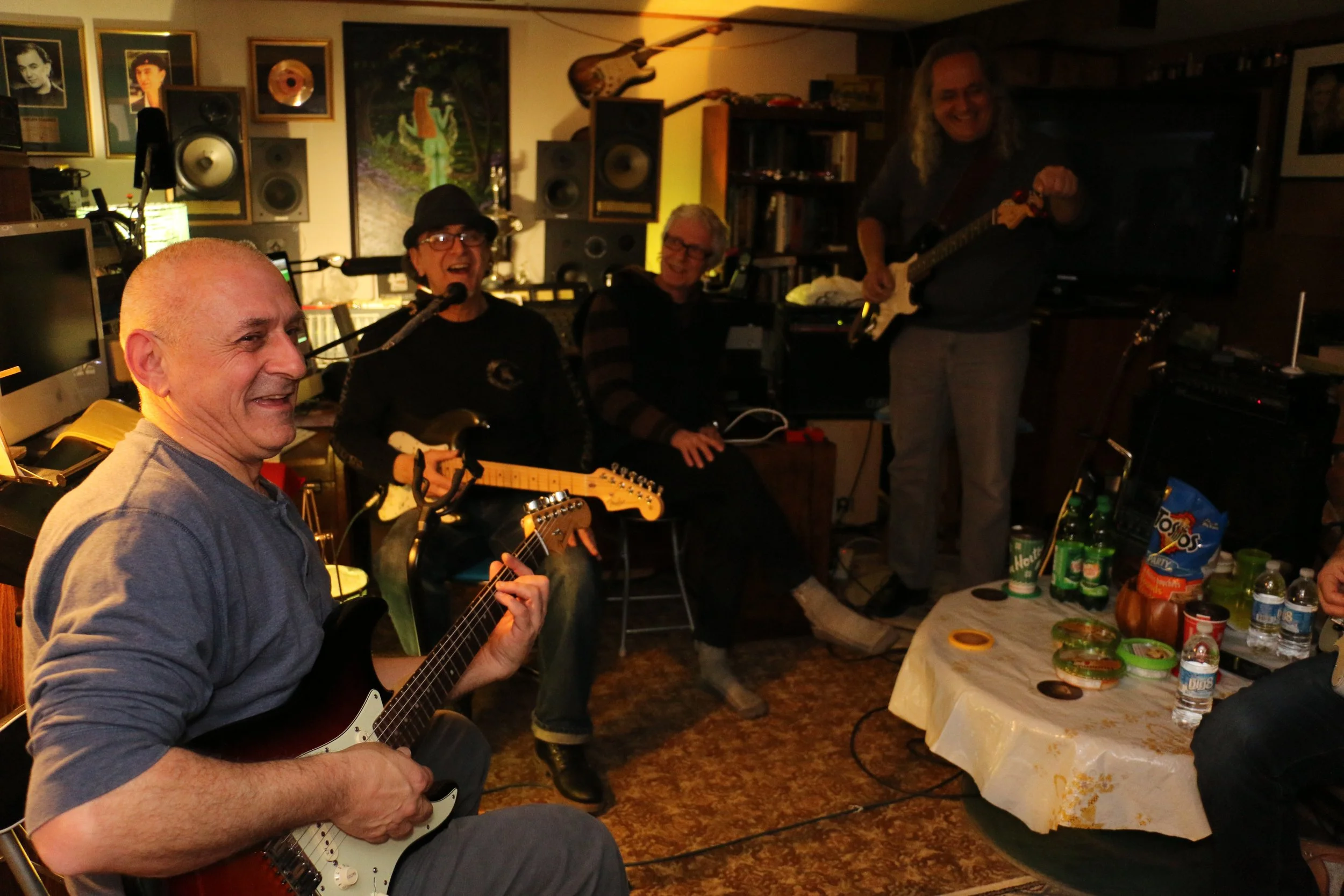 Ken cherished the sweet times he spent hanging out and jamming with his close musician friends in his home studio in Saint John. In this photo: L-R: Bob Marino, Ken, Bob Webber (Toronto), Danny Laba.