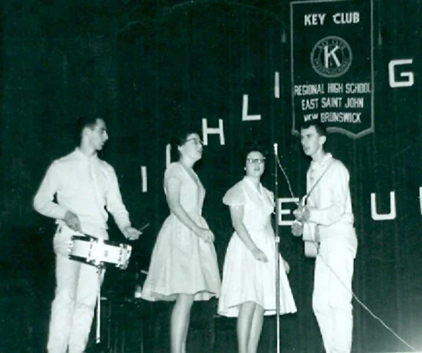The Four Emotions. L-R: Tony Tobias, the Campbell sisters (Jackie, Mary), Ken Tobias. Saint John Vocational School show. Ken sang the Paul Anka hit song "Diana". 1962.