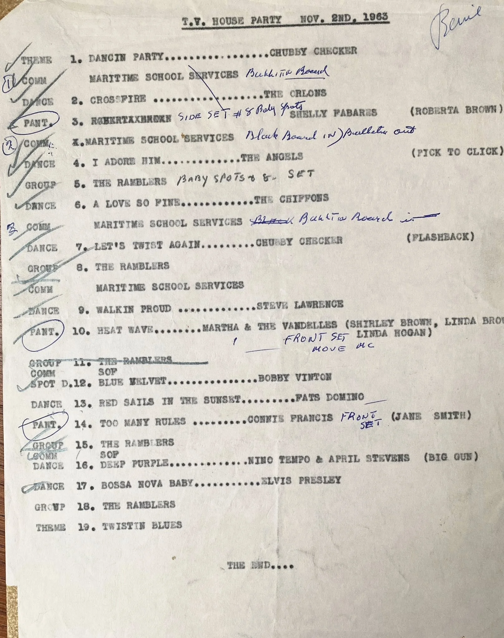 November 2, 1963. Original rundown sheet from TV House Party. The Ramblers showing 5 spots.