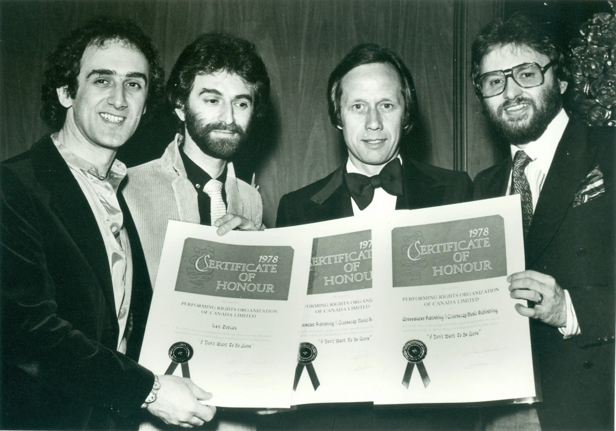 Tony Tobias (publisher), Ken Tobias (writer) and Al Mair (publisher) (r) receiving their 1978 PROCAN (SOCAN) Awards. 