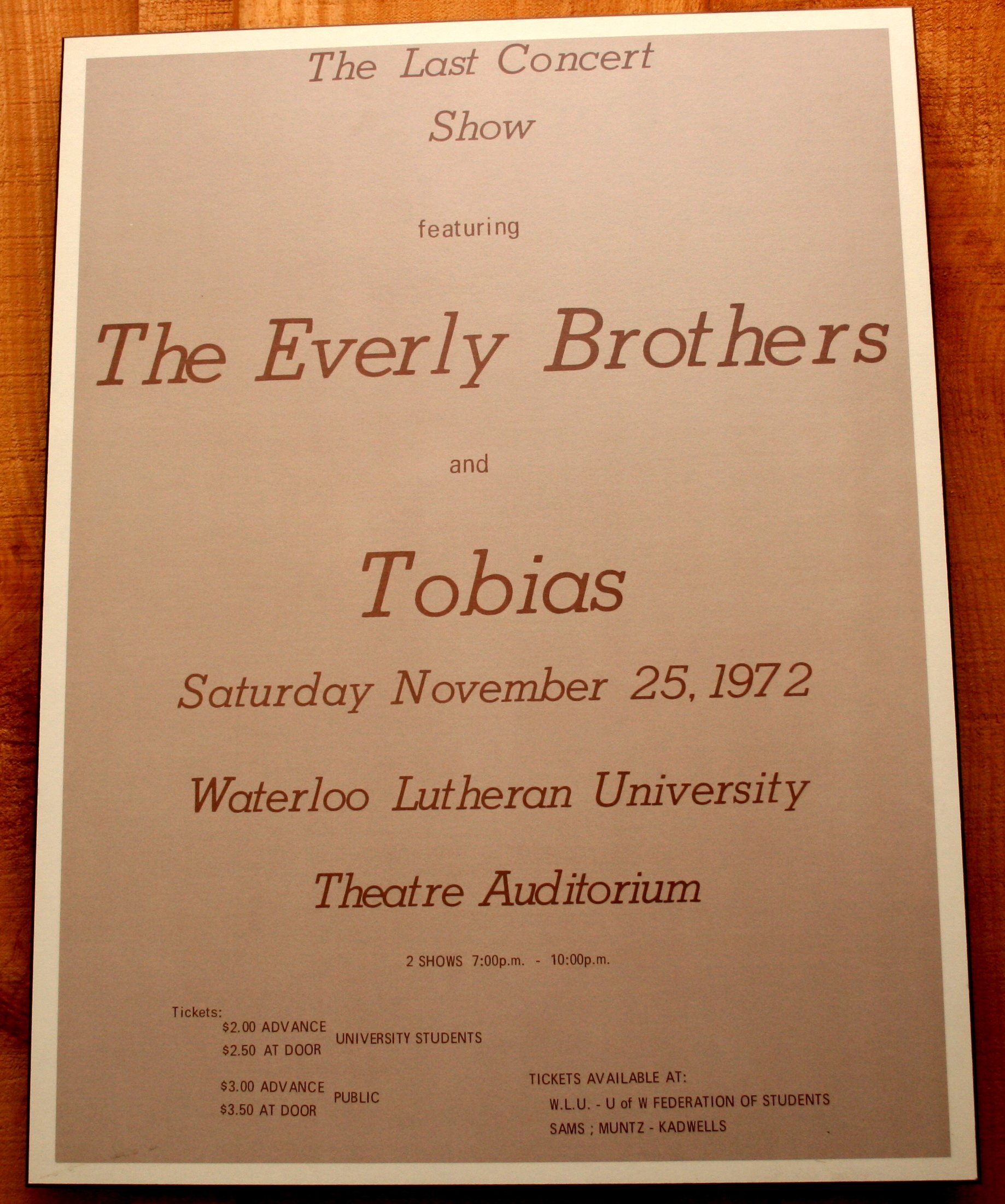 Poster of The Everly Brothers concert with Tobias opening. Waterloo. 1972. 