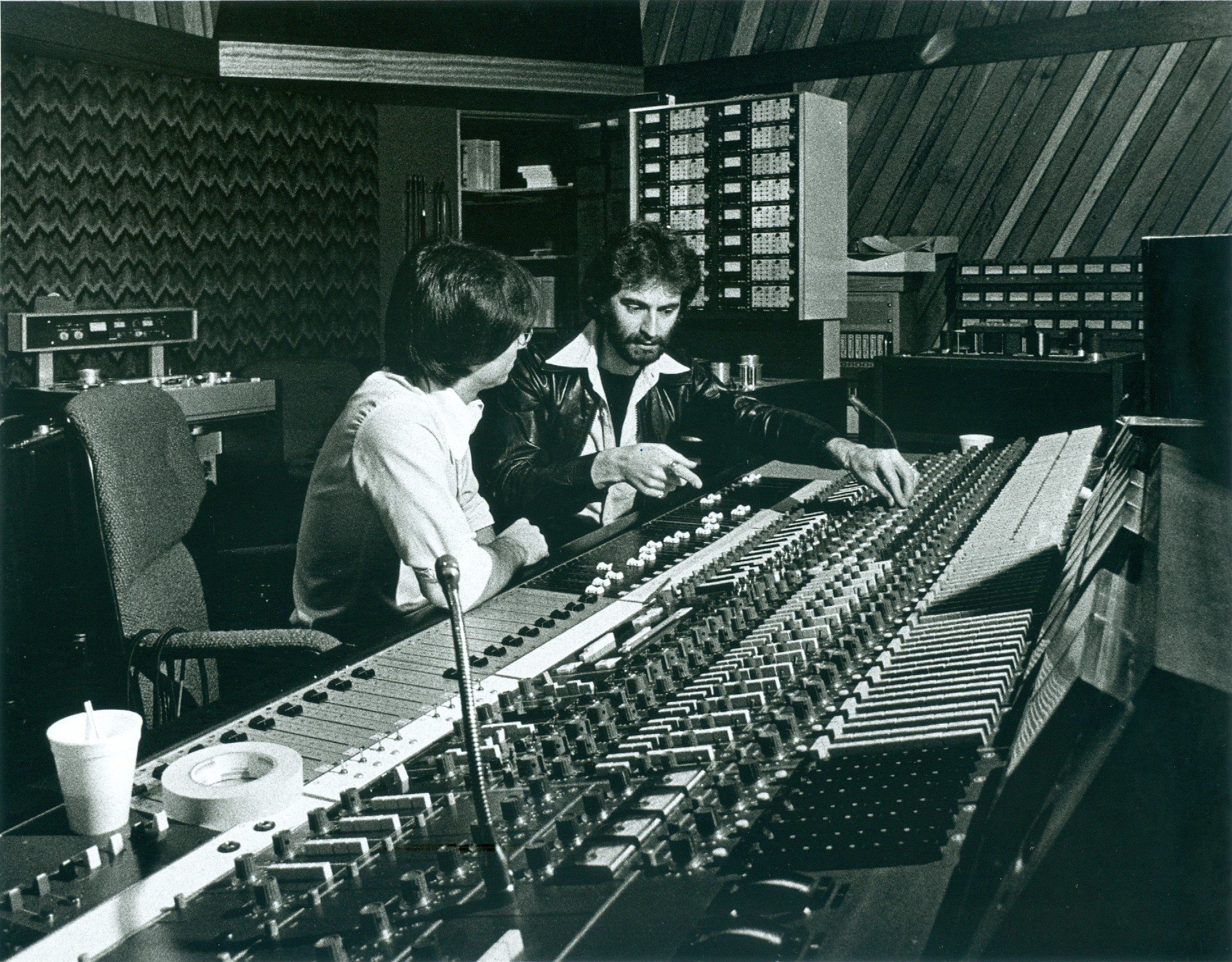 Ken (right) with engineer David Balan, recording at RCA Studios in Toronto. 1977. photo: Tony Tobias.