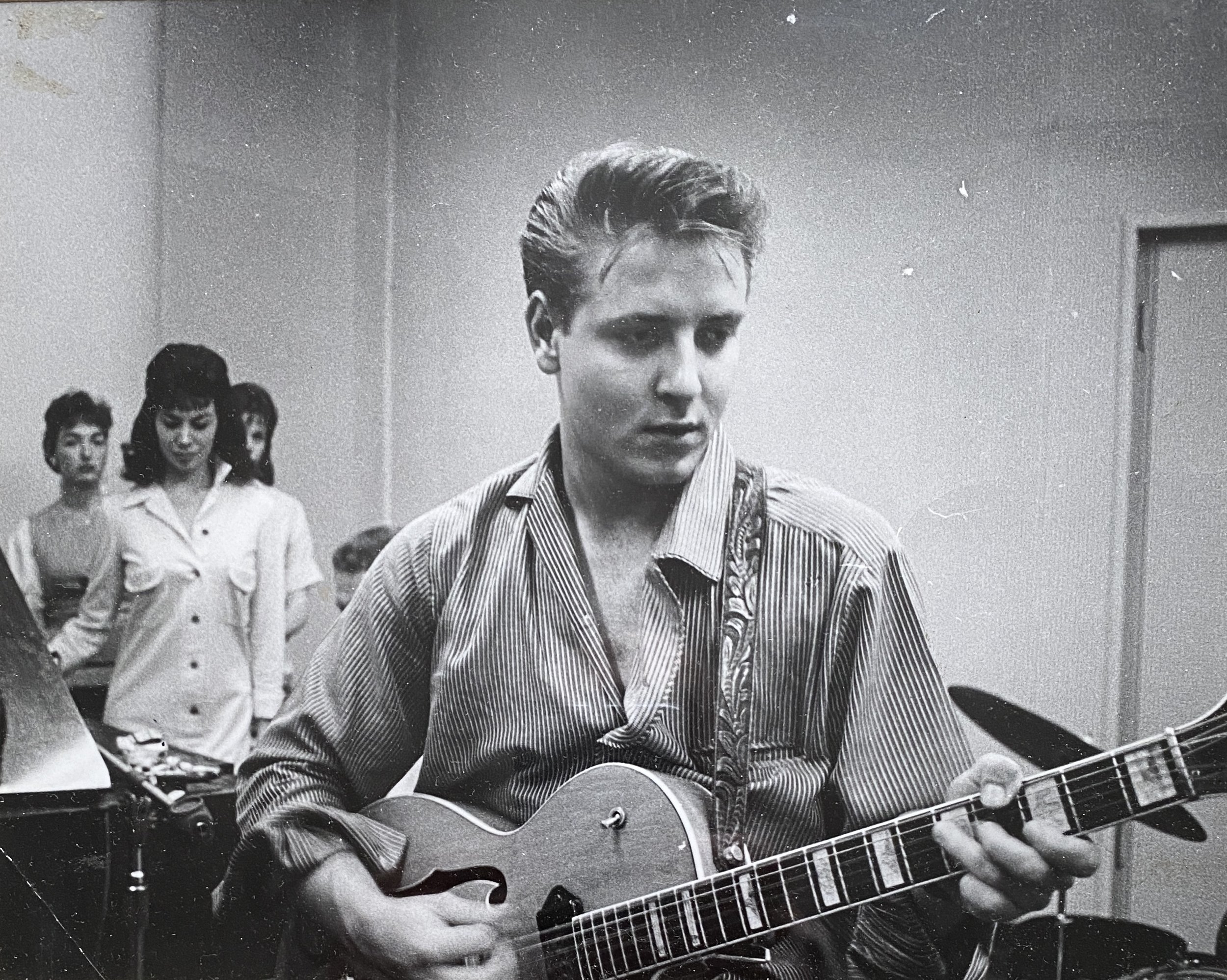 Ken's mentor and friend, hit songwriter Sharon Sheeley in the back during recording session with her boyfriend Eddie Cochran ("Summertime Blues"). This photo was gifted to Tony by Sharon.