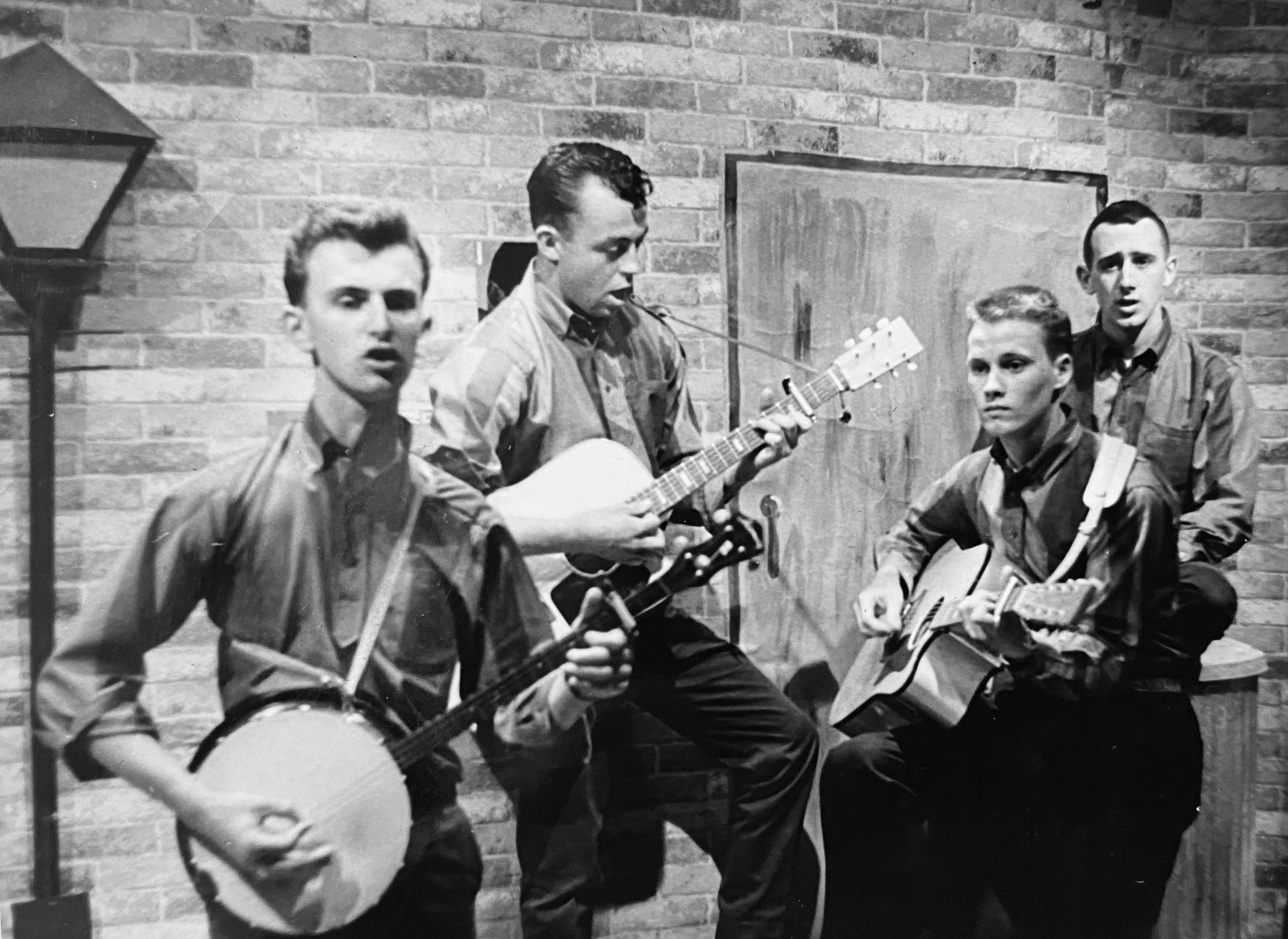 On the set of TV House Party. In the beginning Ken played four-string banjo. L-R: Ken Tobias, Norman Pierce, Bob Bonnell, Tony Tobias. 1963.