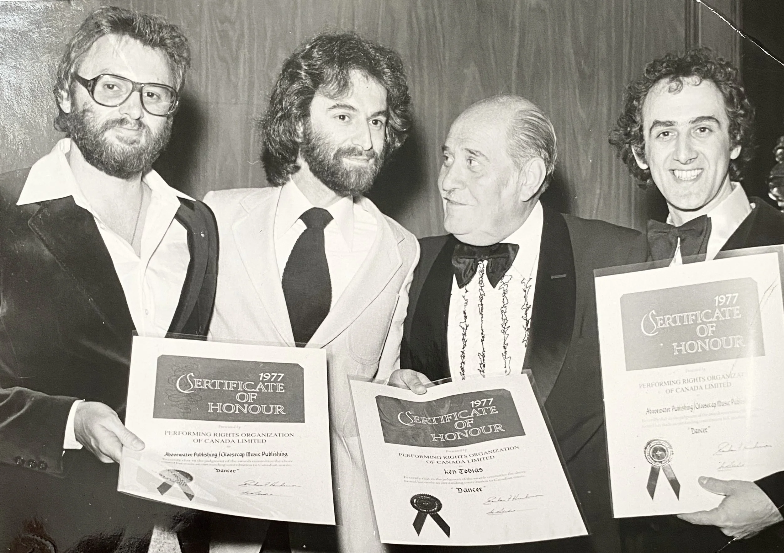 More PROCAN Awards for Ken's song "Dancer". L-R: Alexander Mair; Ken; Harold Moon; Tony Tobias.