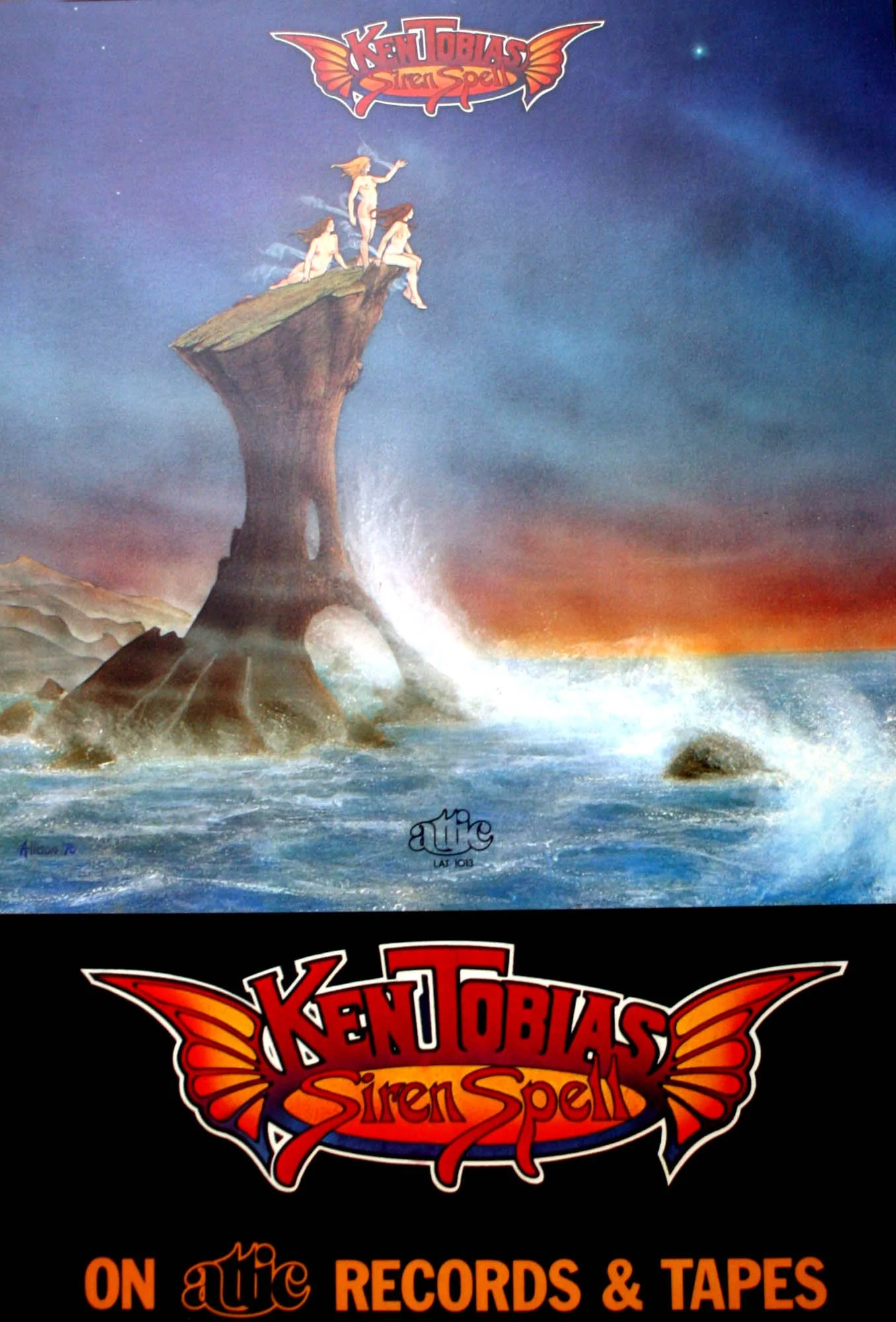 Poster for Ken's Siren's Spell album. Attic Records. Art by John Allison.