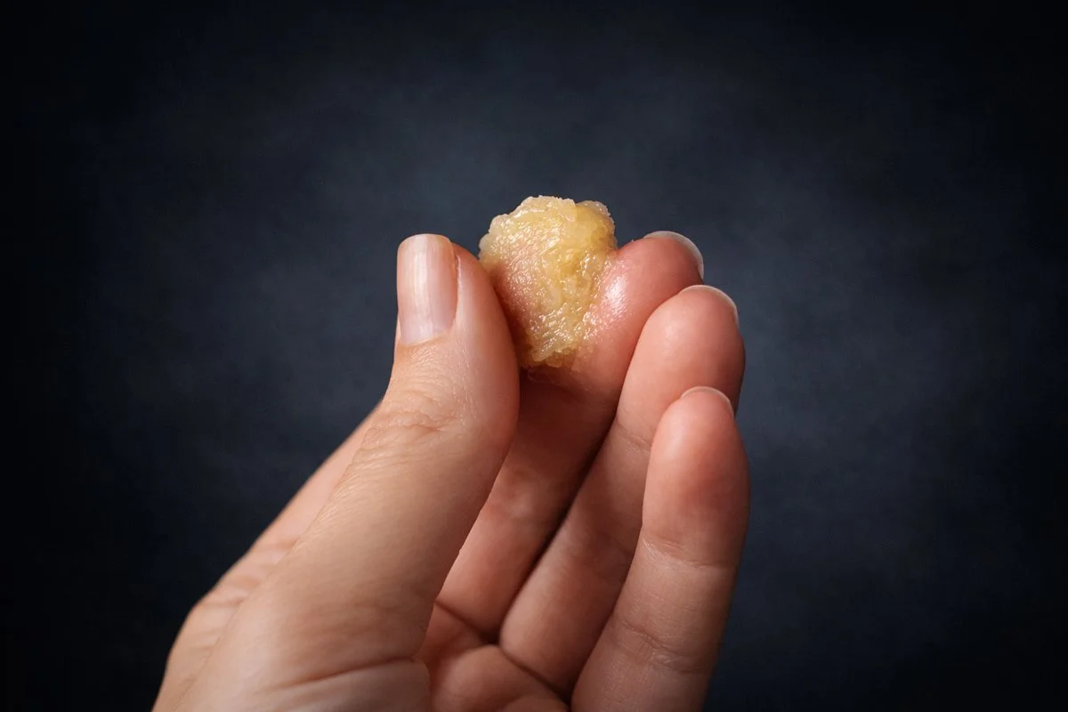 Close-up of a hand holding a small piece of beige-colored food with a textured surface against a dark background.