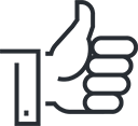 Line art of a thumbs-up hand gesture enclosed in a circle.