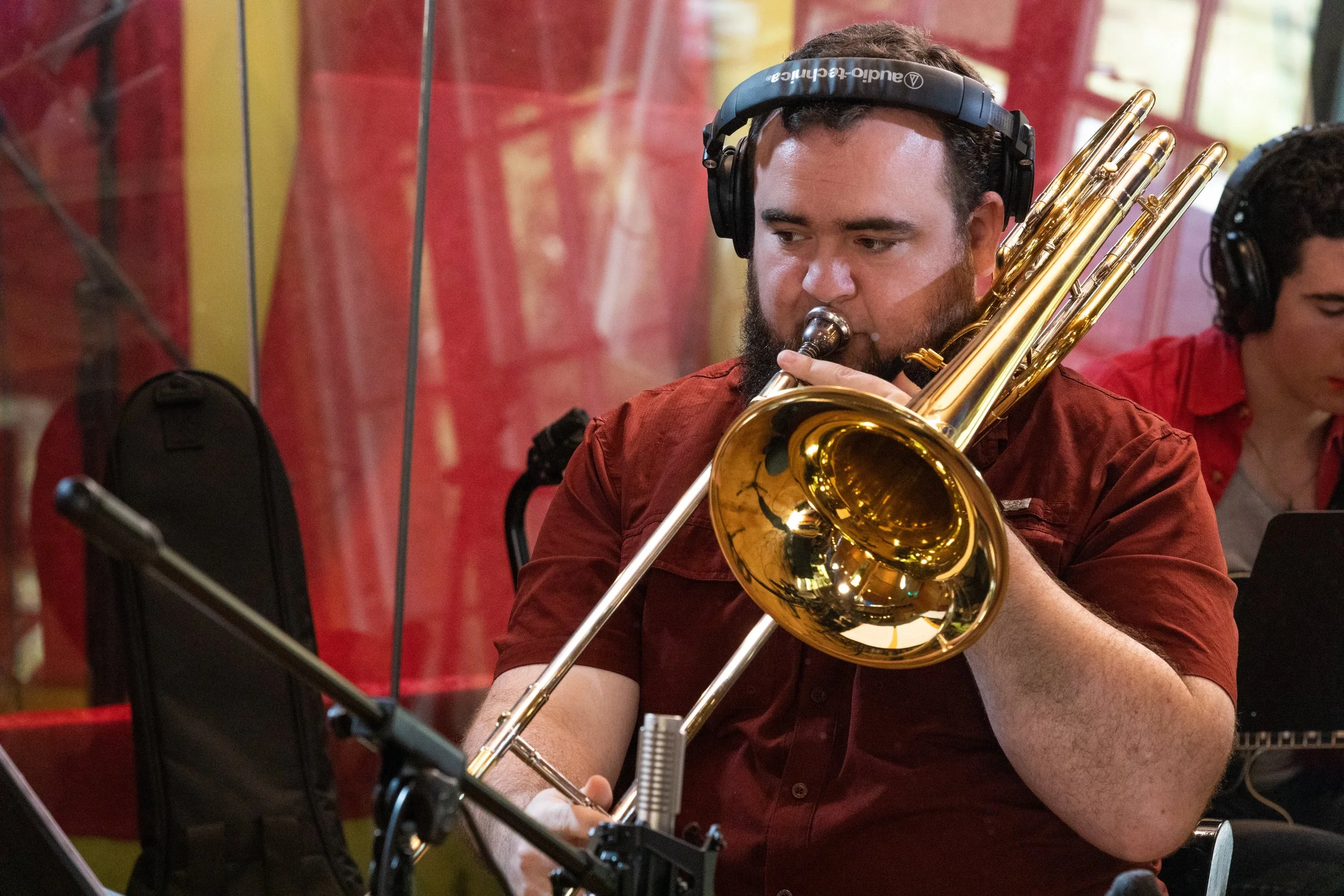 Scott B. Hearn performing bass trombone in a Nashville recording session