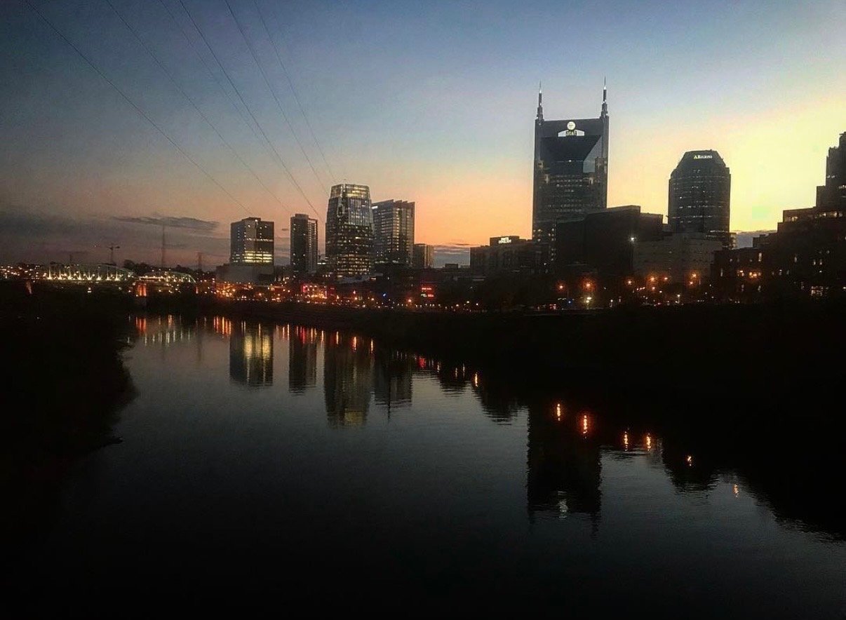 Nashville skyline at sunset overlooking the Cumberland River