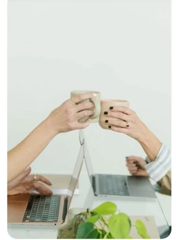 Two women clink coffee mugs over their laptops during a virtual meeting, with a plant in the foreground.