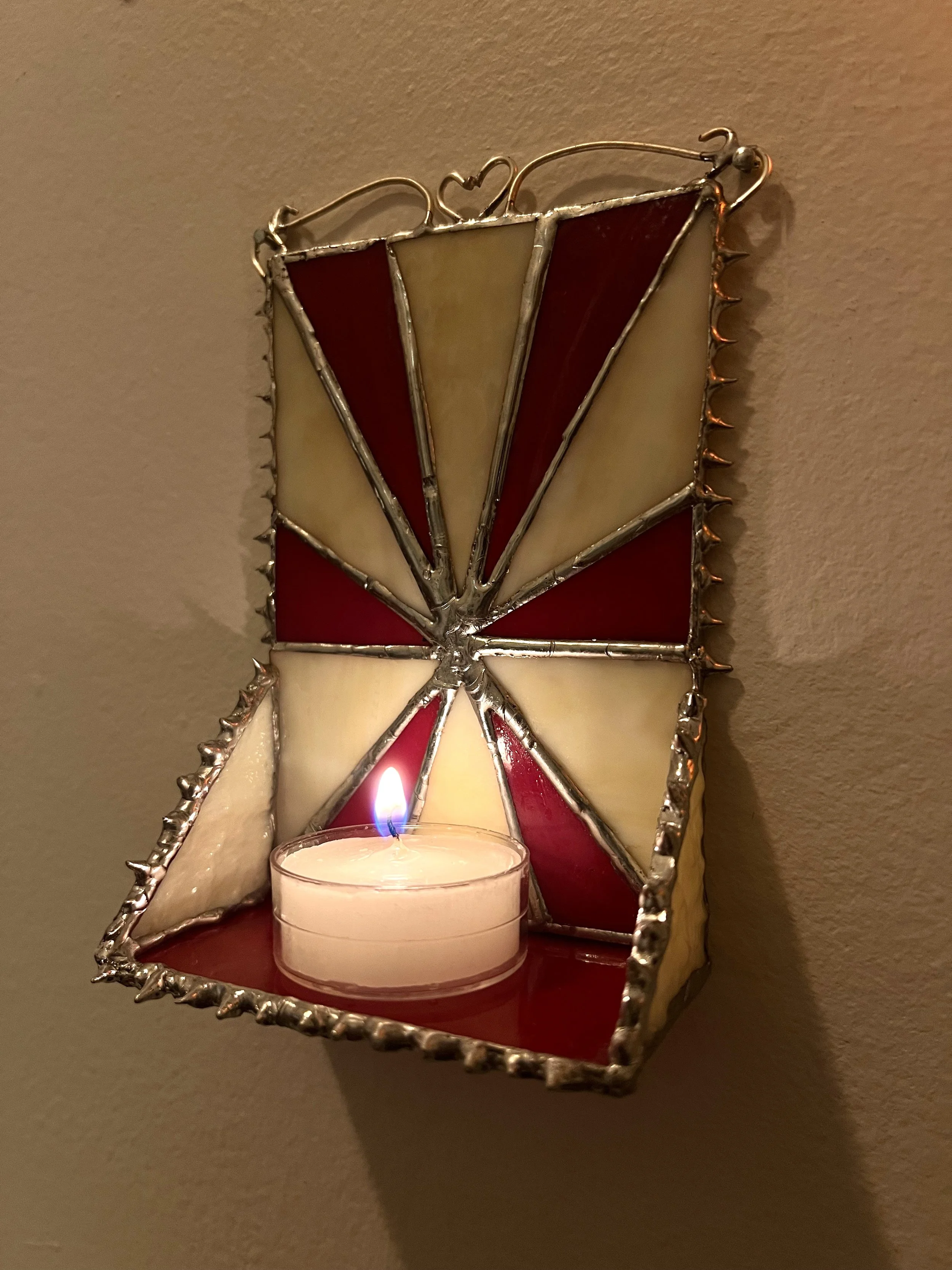 Candleholder, 2025, glass, solder, wire, 3.5" x 5"