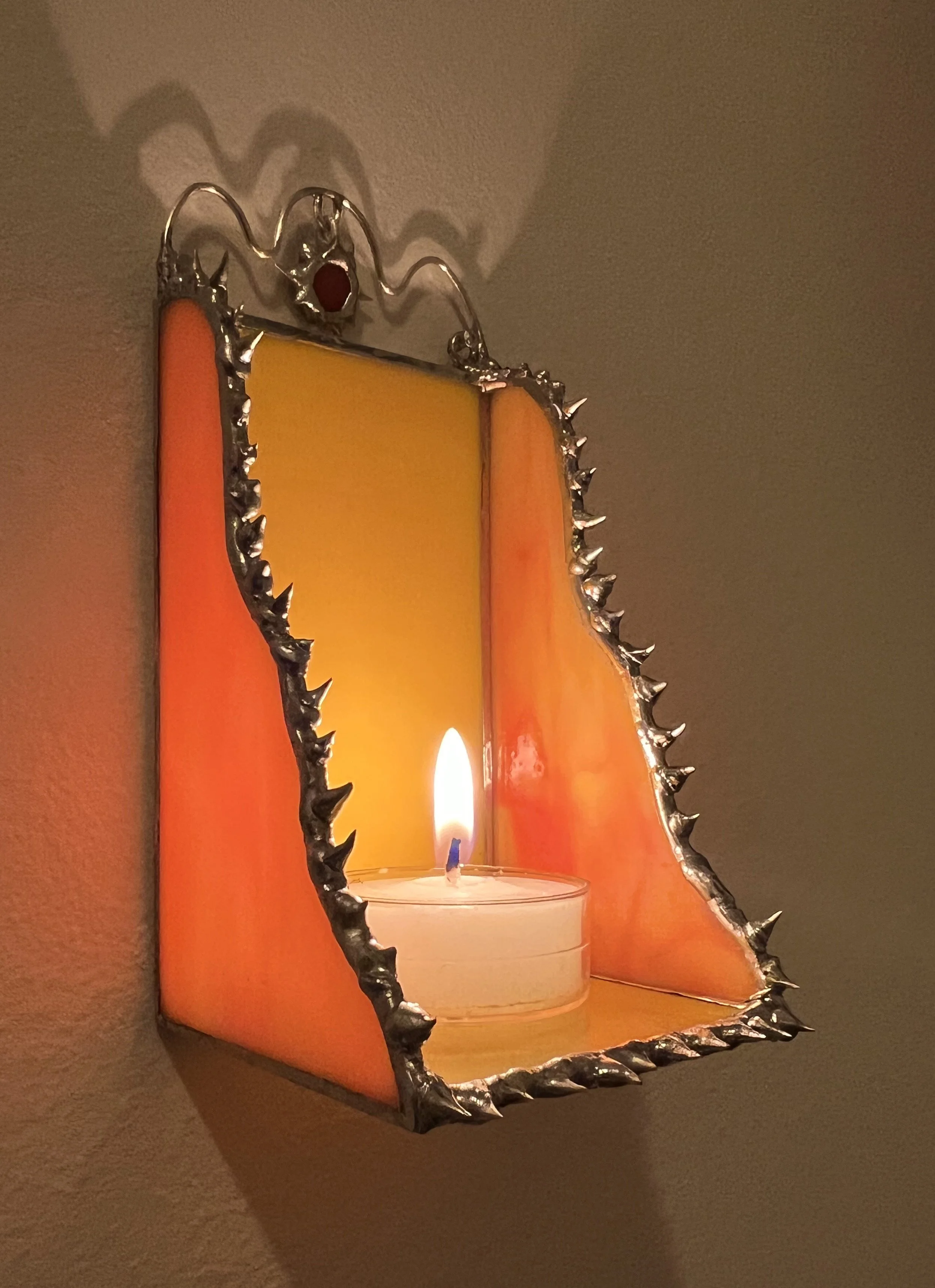 Candleholder, 2025, glass, solder, wire, 3.5" x 5"