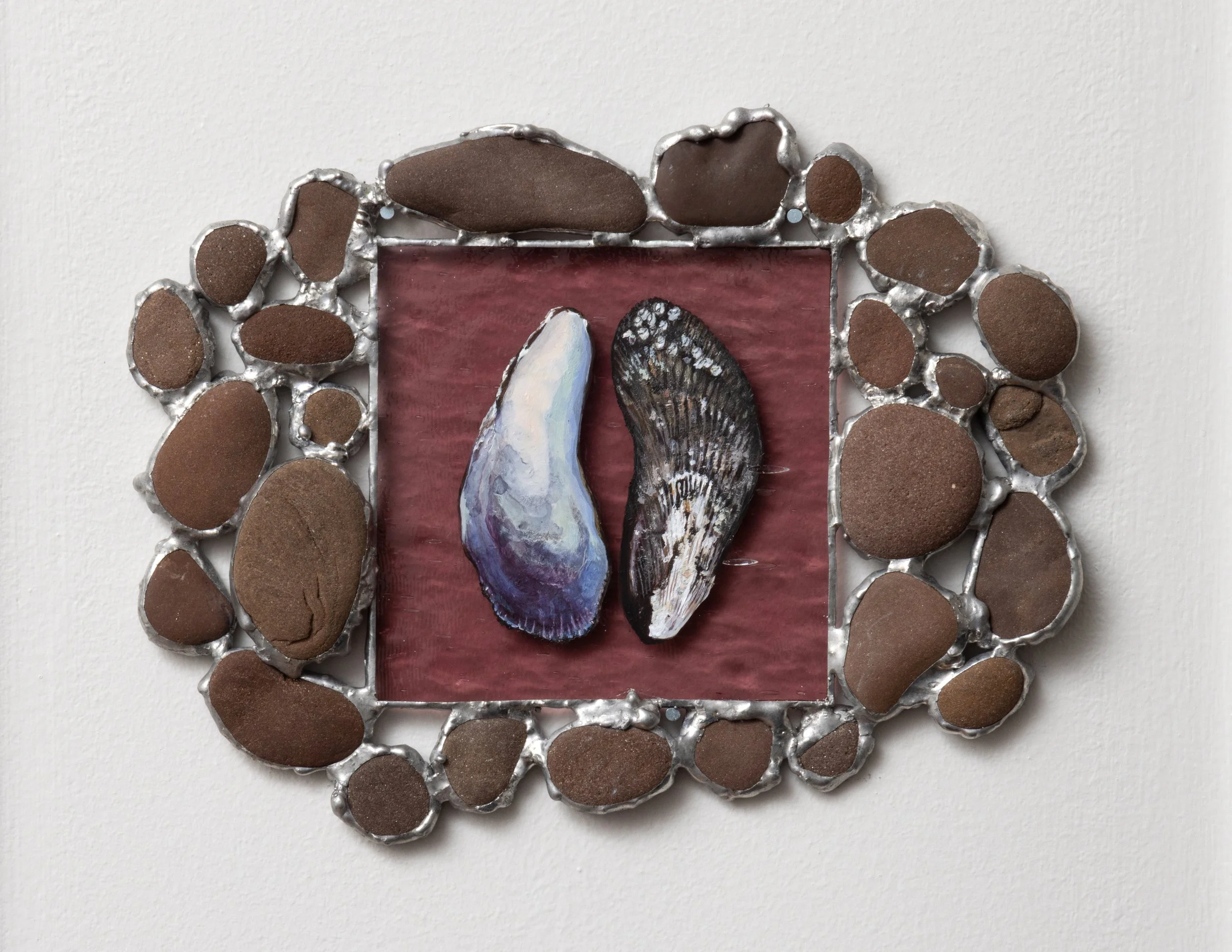 Collections I, 2025, Acrylic on glass, stones, solder, copper foil, 6" x 7"