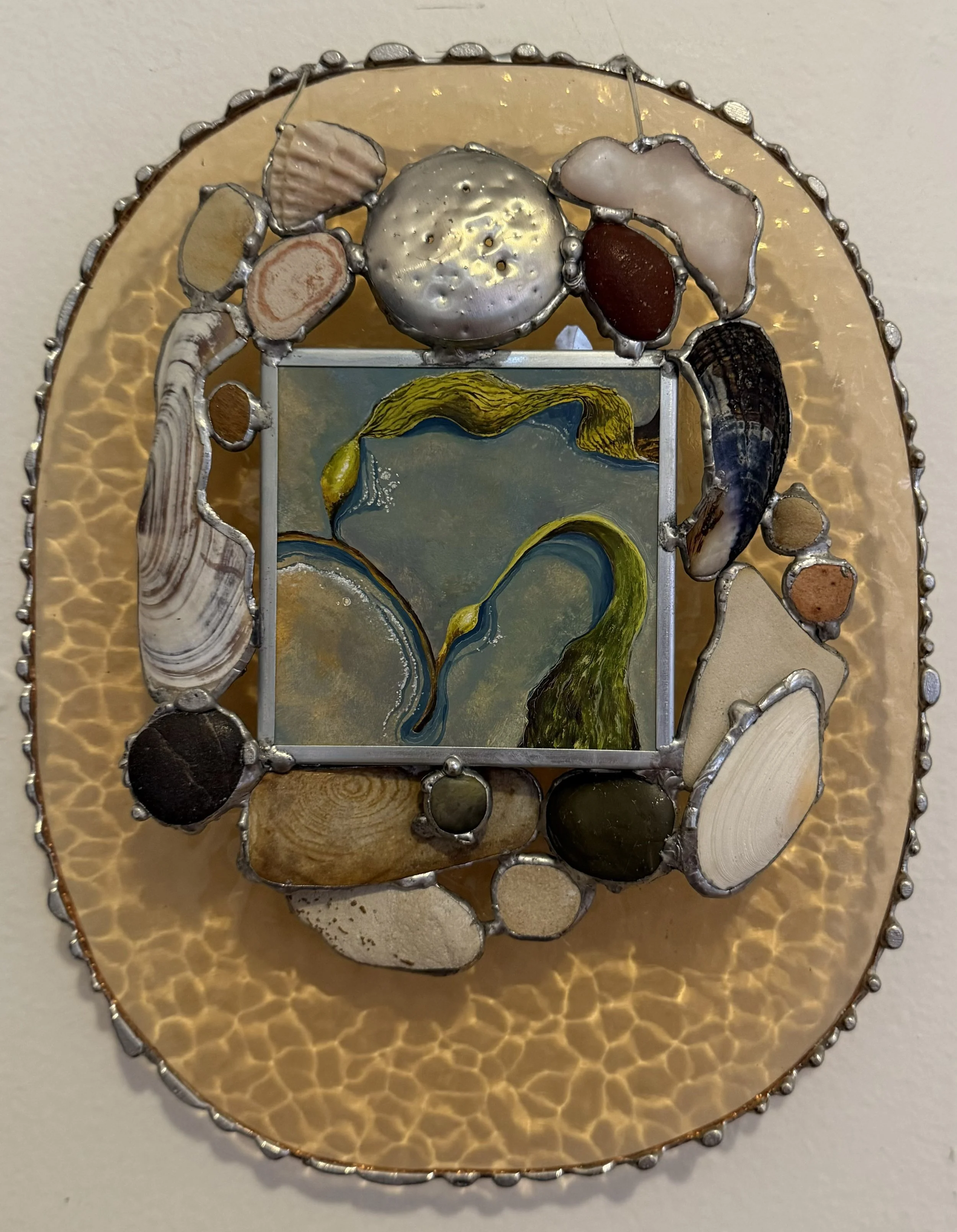 The shells told me all about you, 2026, Oil on matte board, glass, stones, shells, aluminum, solder, copper foil, wire, 10.25” x 8.25” x 1.5”