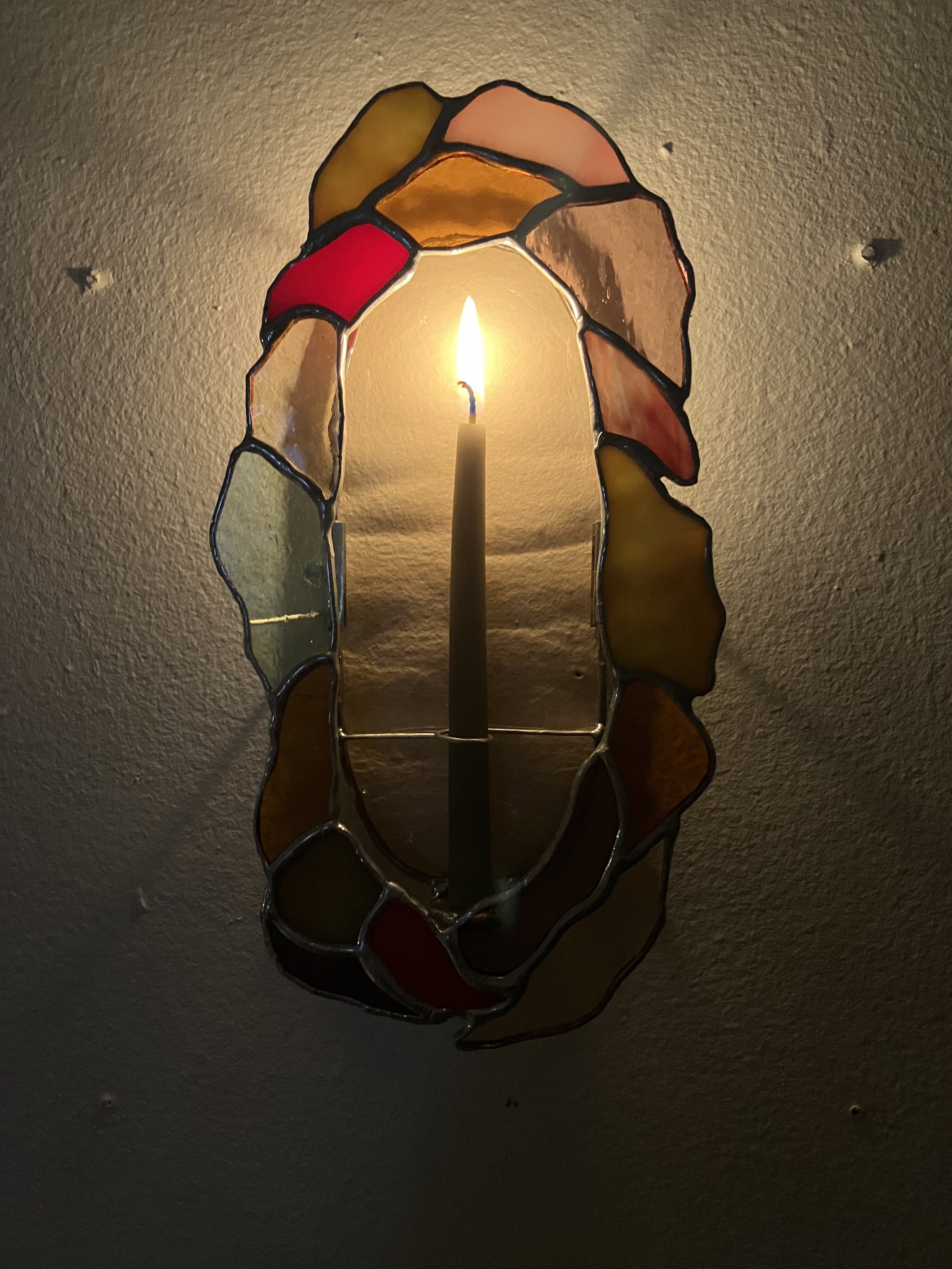 Candleholder, 2026, glass, solder, wire, copper foil, zinc came, candle, 4.5" x 9" x 1"