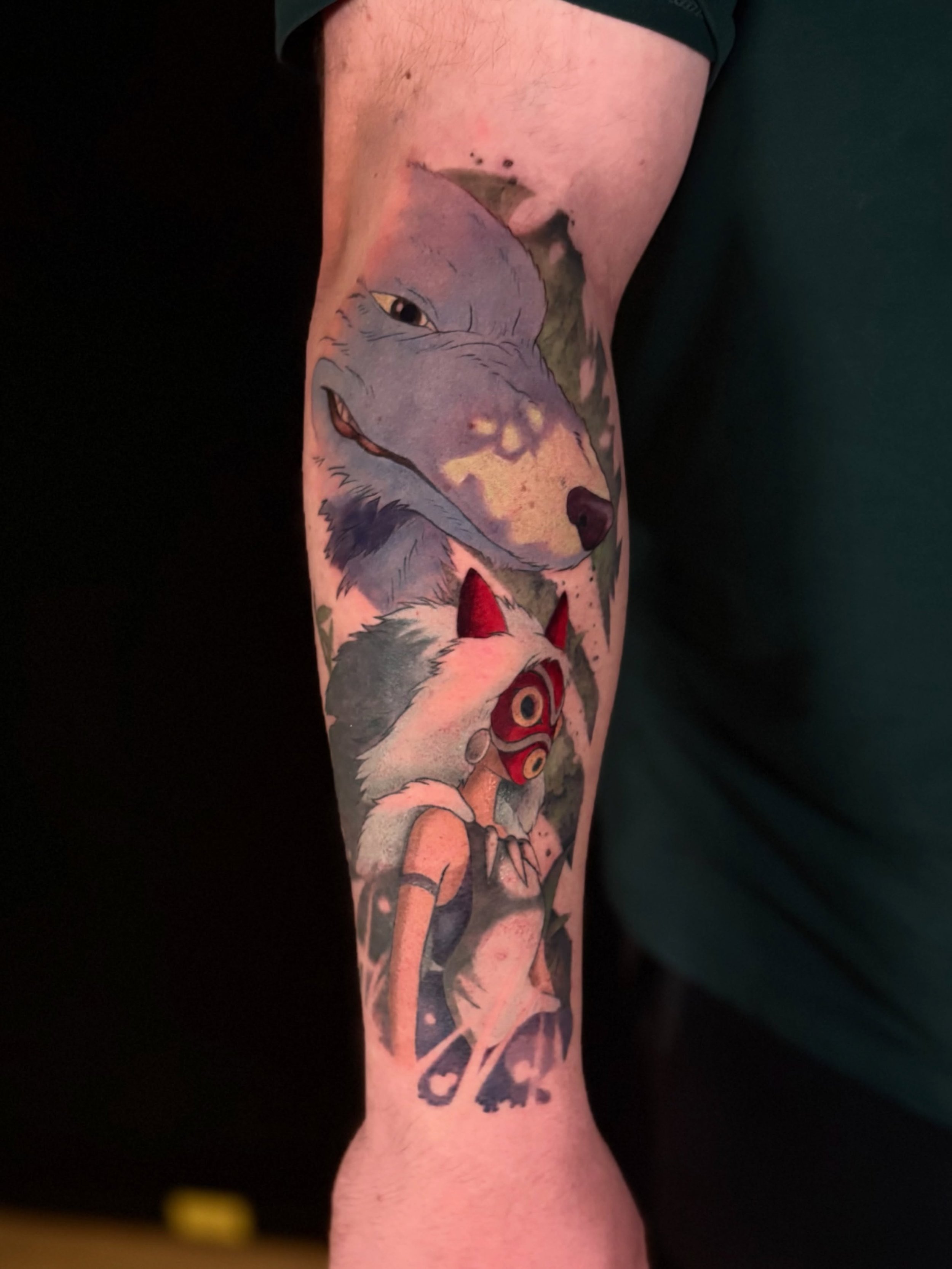 Colors in on @hungoverxchris Princess Mononoke tattoo!! 
Thanks for traveling from North Dakota to Minnesota to get this done, you rock! 

🗓️Booking October and November
📍@Thirty8Caliber , Downtown Minneapolis