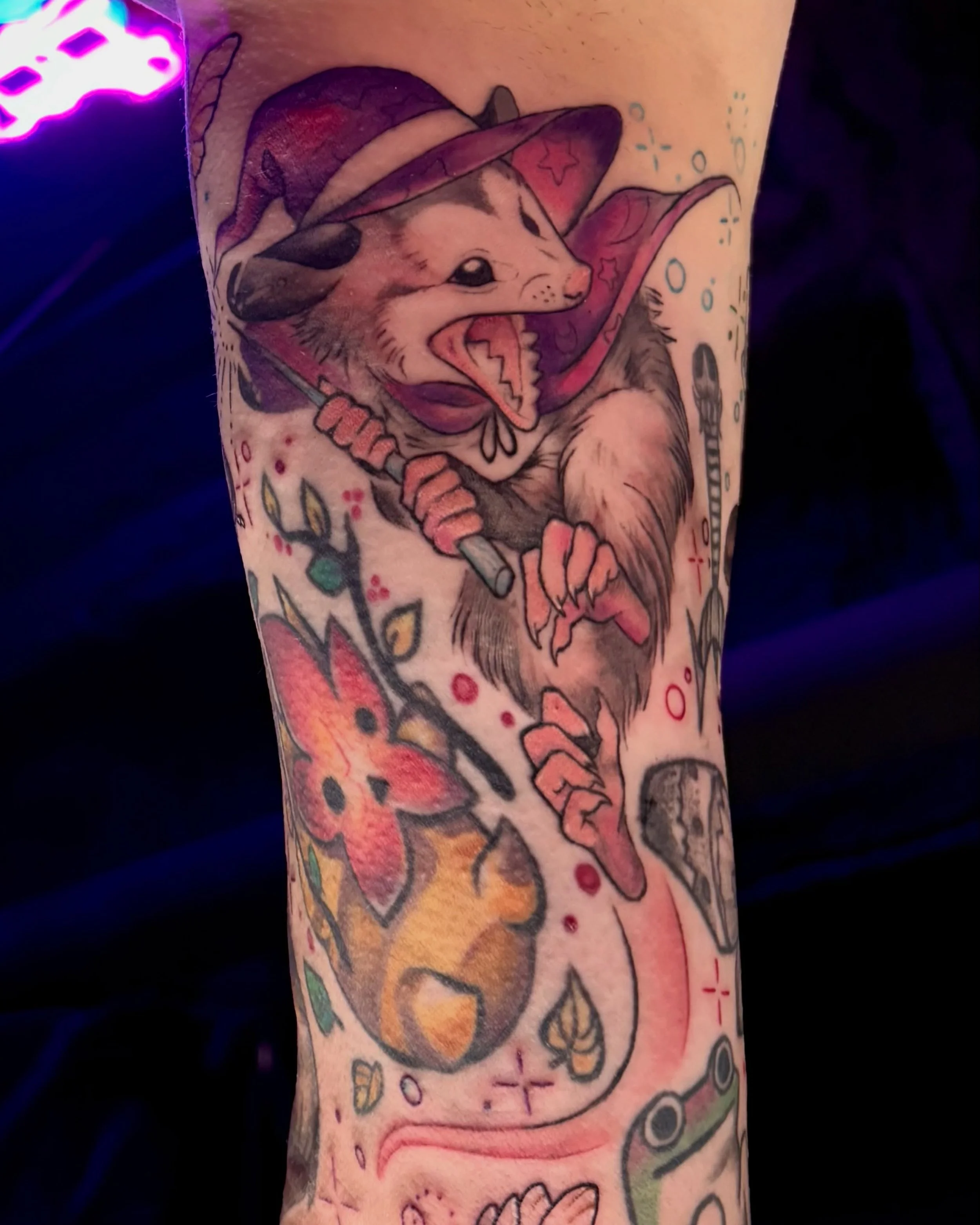 A magical opossum 🪄 and buggy filler 🐛 for @kyla.briscoe ! Thanks for letting my fill your arm with whimsy and color 🍁🍂

‼️Booking Oct-November! (Link in Bio!) 
📍Thirty8 Caliber, Minneapolis MN