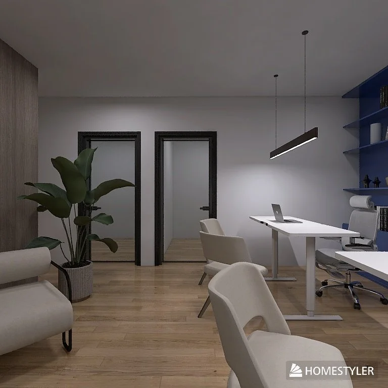 Oficina moderna con paredes blancas, puertas de cristal, mobiliario en tonos claros, estanterías azules y una planta grande en una maceta decorativa.