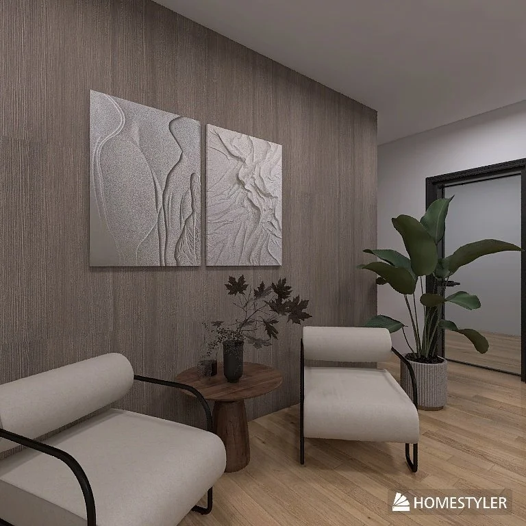 Sala de espera con dos sillones blancos, mesa de madera con planta en jarrón oscuro y planta grande en maceta, decoraciones abstractas en la pared, piso de madera y pared de tonos neutros.