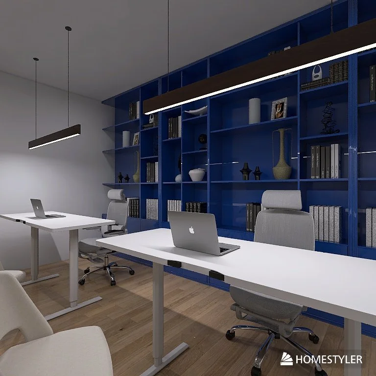 Oficina moderna con escritorios blancos, sillas ergonómicas y estantería grande azul con libros y decoraciones.