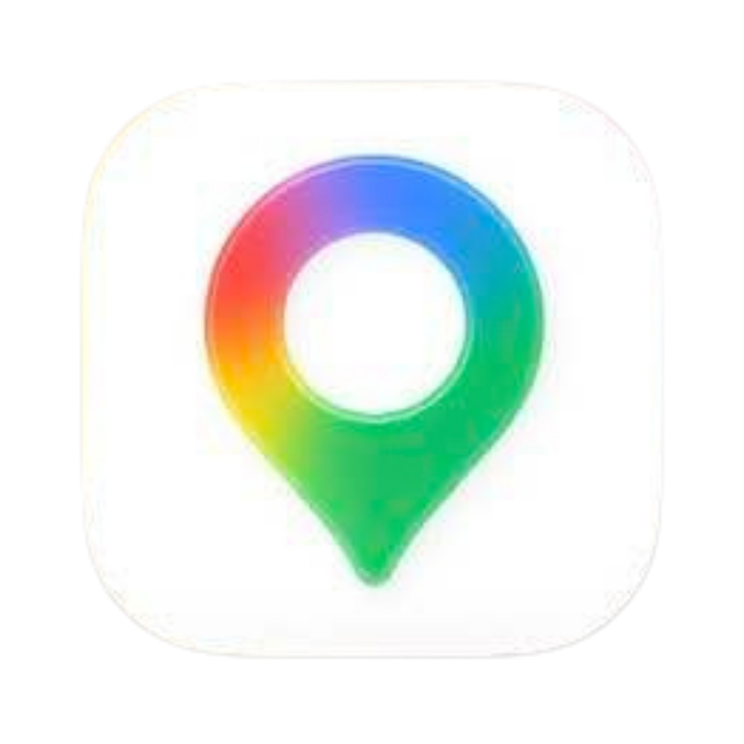 Colorful map pin icon with a rainbow gradient on a white app background.