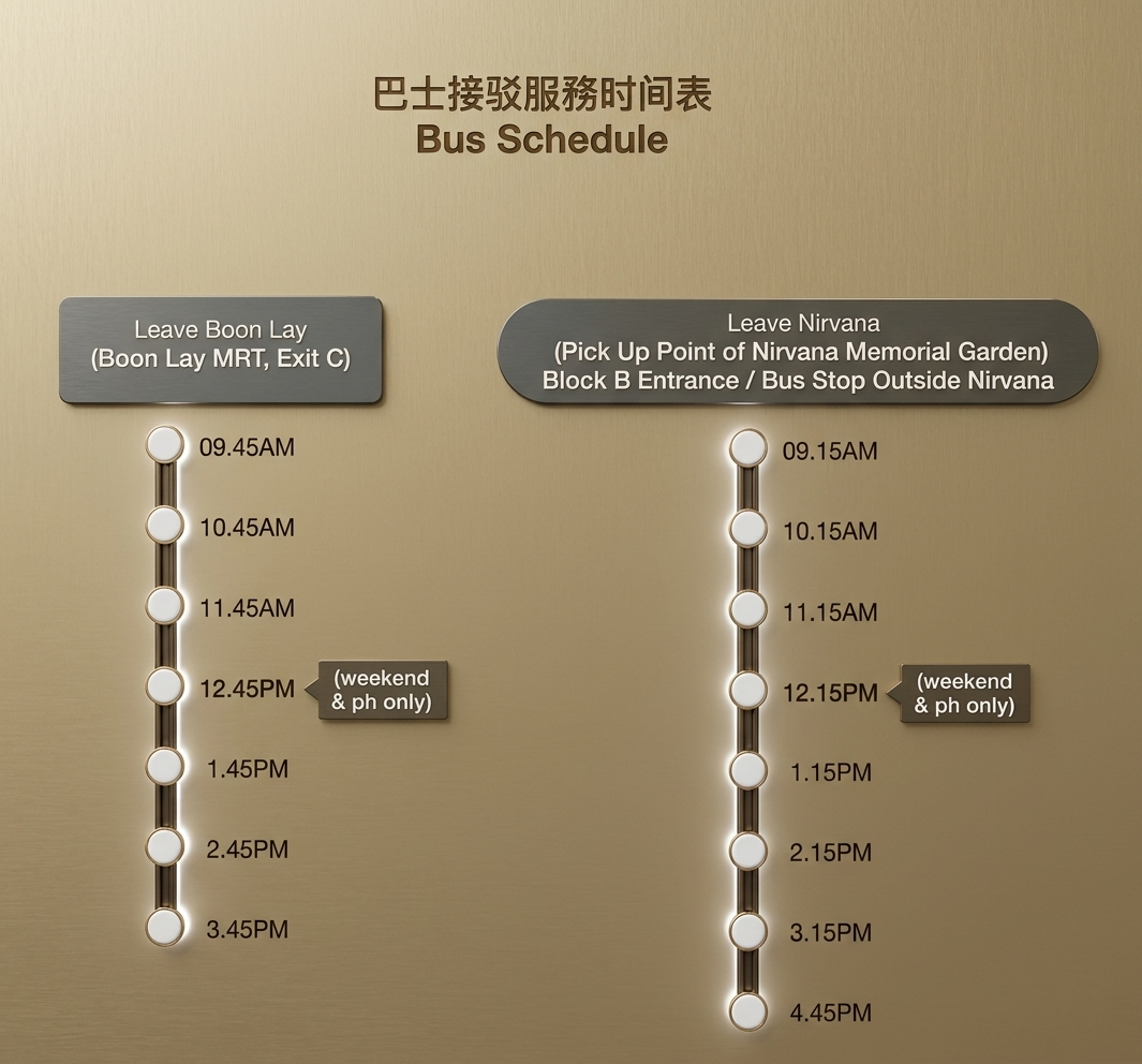 Bus schedule displayed on a beige wall with two columns of times and notes indicating designated pickup points and specific hours for weekends and public holidays.