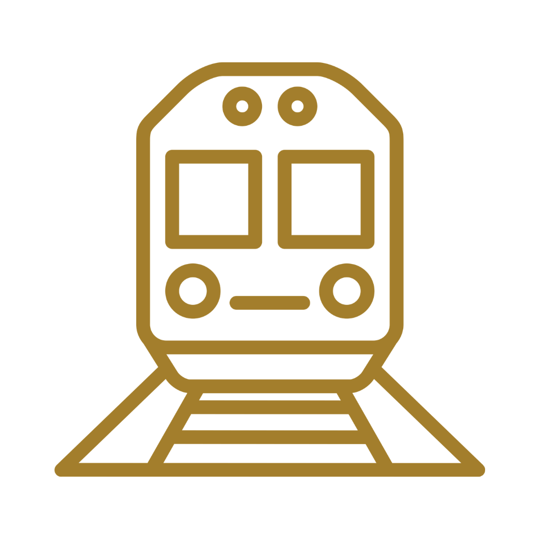 Golden outline of a train approaching on tracks, front view.