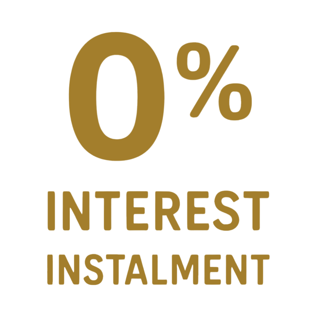 Text that reads '0% interest installment' in gold letters on a black background.