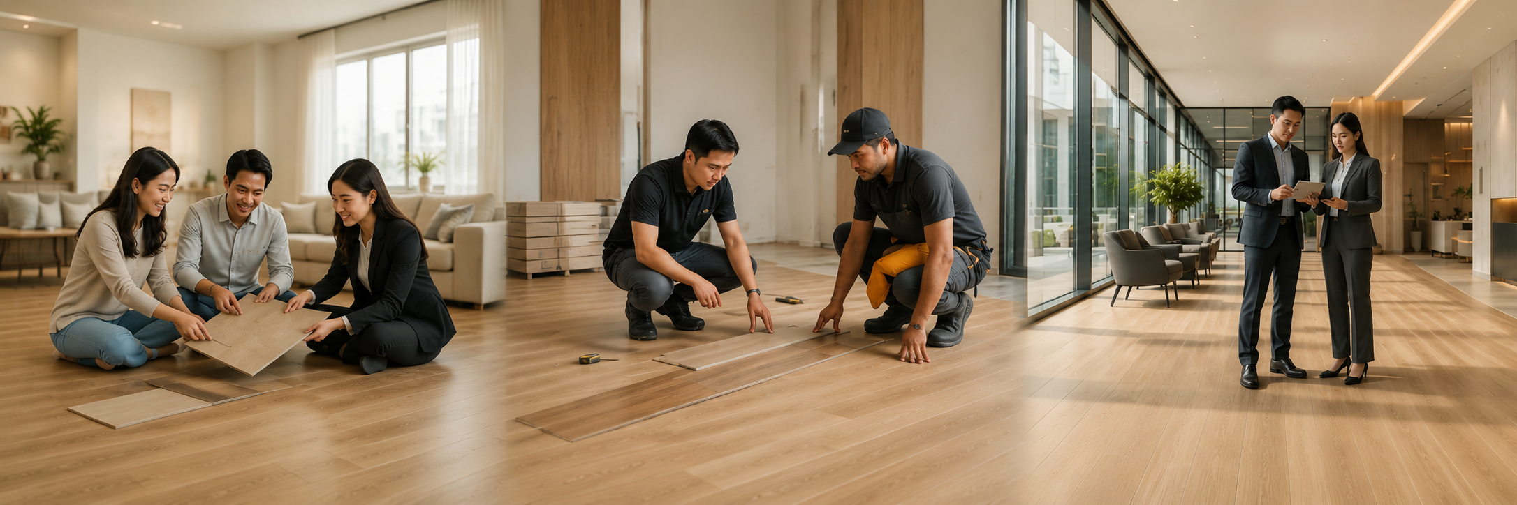 People installing wooden flooring in a modern, well-lit building lobby with large windows and seating area.