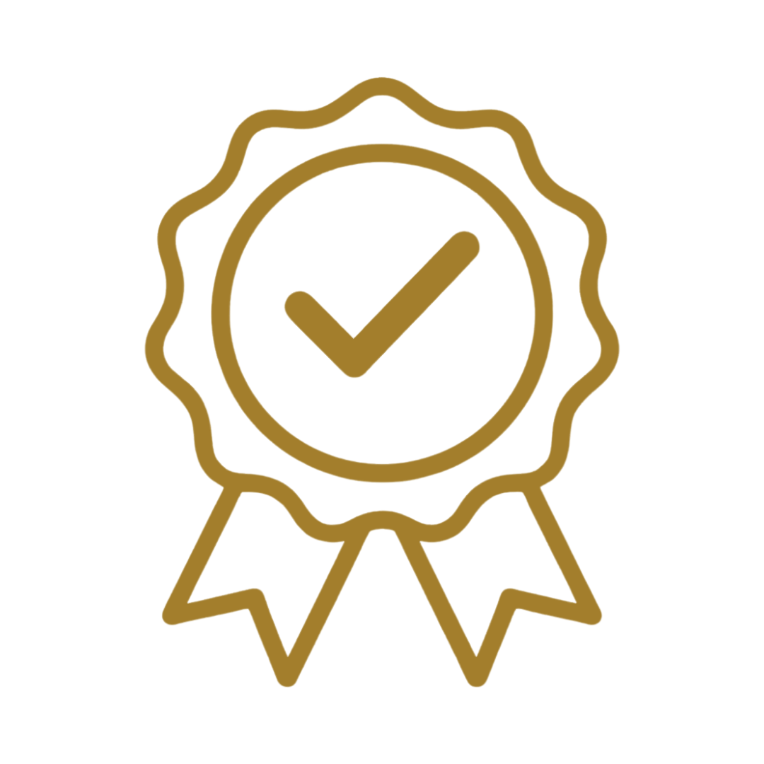 Gold award badge with check mark in the center and ribbons hanging below.
