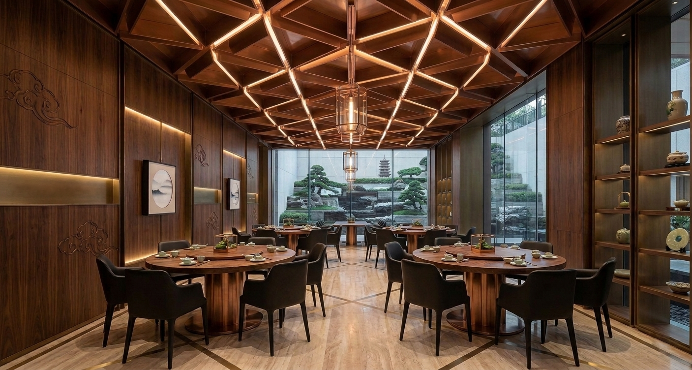 Elegant funeral parlour with round wooden tables, black chairs, and large windows displaying a garden with rocks and trimmed trees.